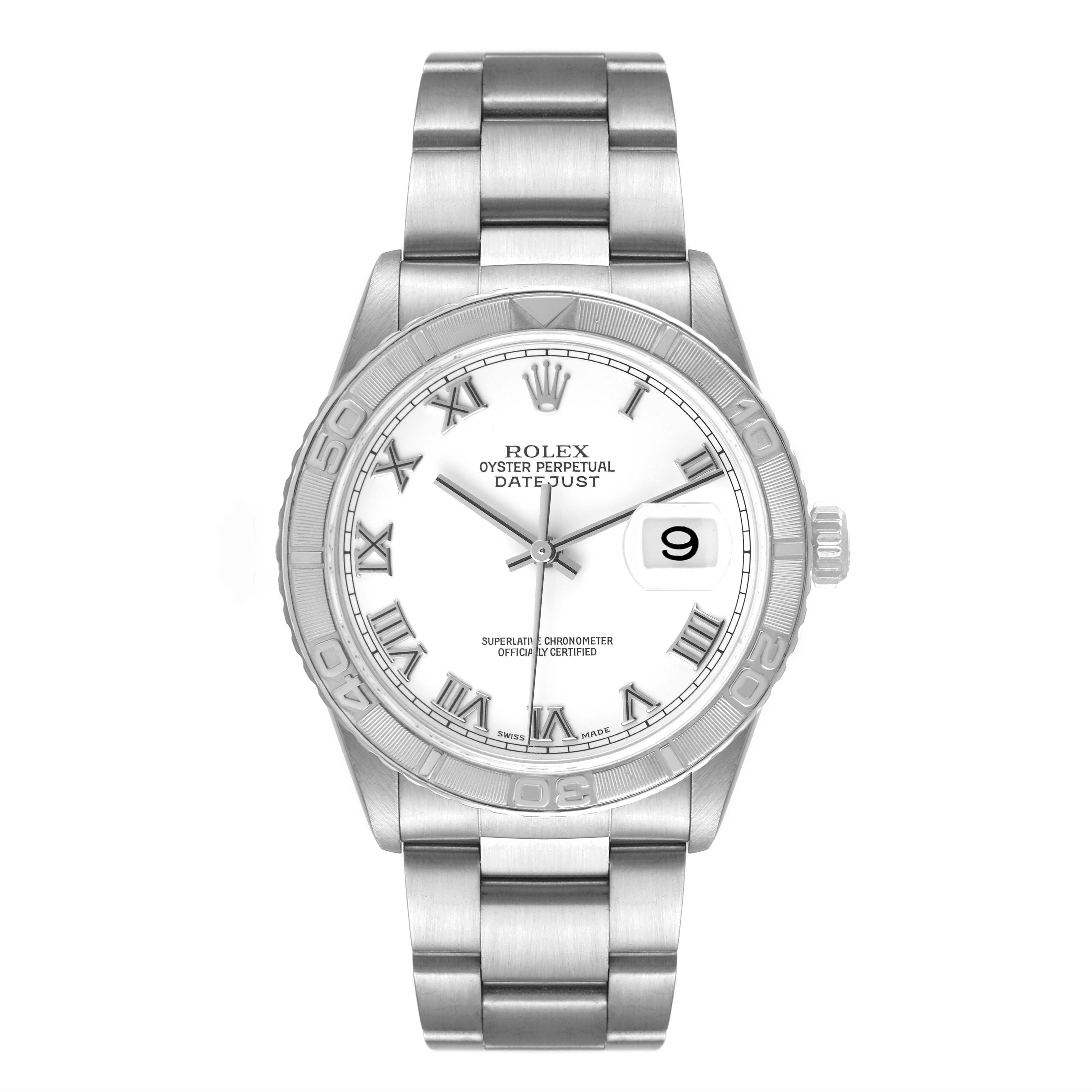 The image shows a Rolex Turn-o-Graph 16264 Men's Stainless Steel White Dial 16264 Men's Stainless Steel White Dial model watch from a top-down angle, displaying the face, bezel, and bracelet.