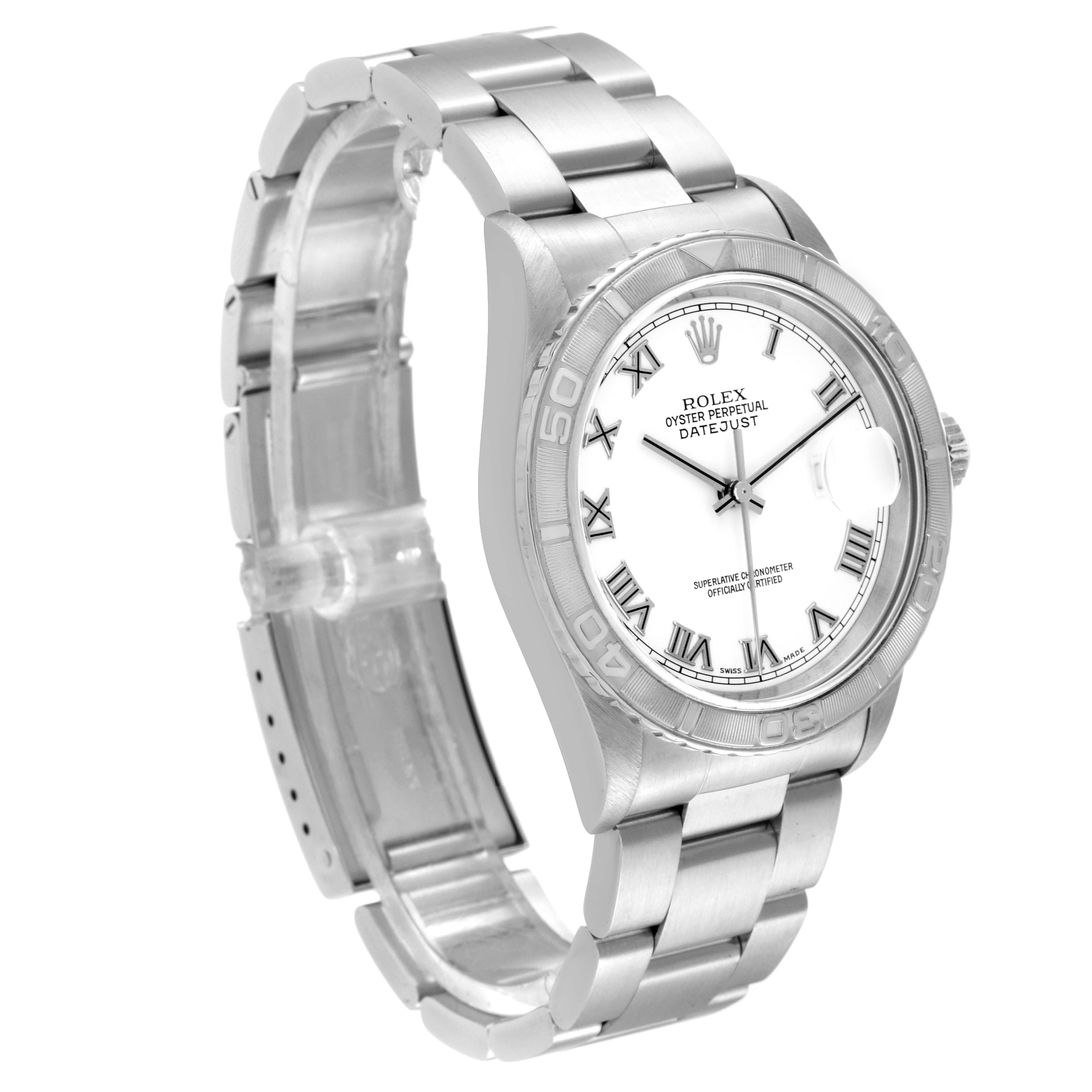 The Rolex Turn-o-Graph 16264 Men's Stainless Steel White Dial 16264 Men's Stainless Steel White Dial watch is shown at a slight angle from the front-right, highlighting its bracelet, dial, and bezel.