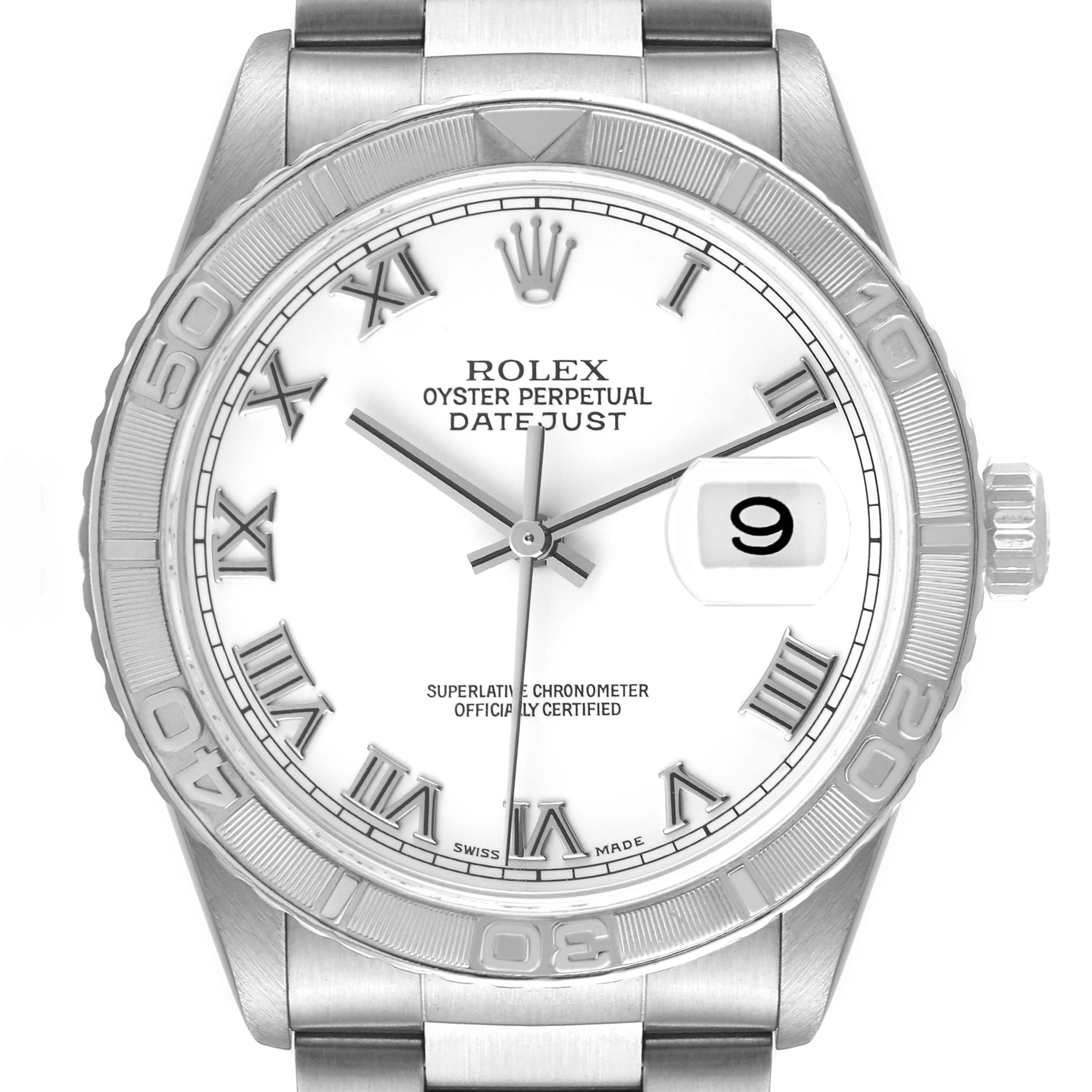 The image shows the face and bezel of a Rolex Turn-o-Graph 16264 Men's Stainless Steel White Dial 16264 Men's Stainless Steel White Dial watch, displaying the dial, hands, date window, and part of the bracelet.