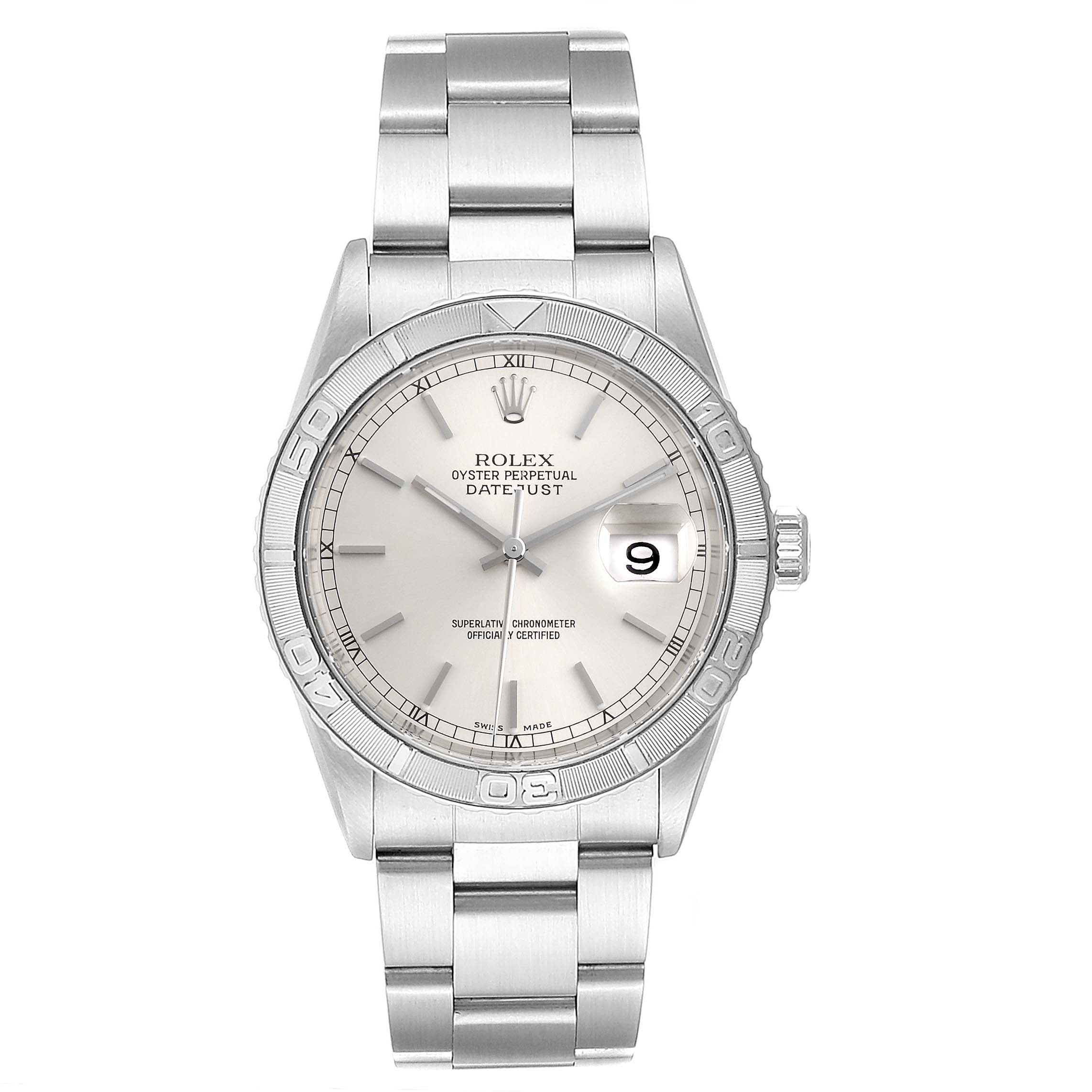 The image shows a frontal view of a Turn-o-Graph model Rolex watch, highlighting the bezel, dial, and bracelet.