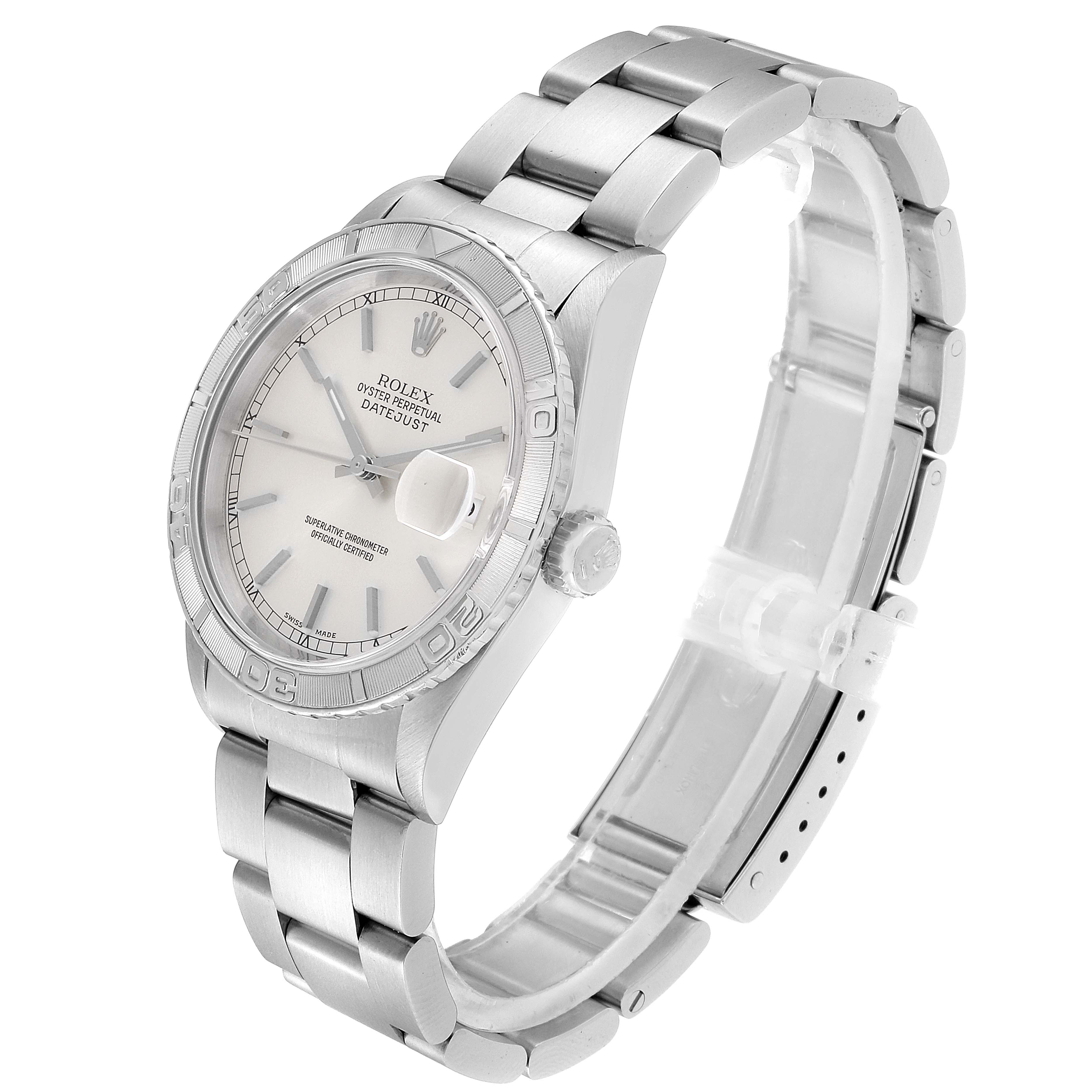 The image shows a Rolex Turn-o-Graph 16264 Men's Stainless Steel Silver Dial 16264 Men's Stainless Steel Silver Dial watch at a slight angle, highlighting its face, bezel, and bracelet, with the side crown also visible.