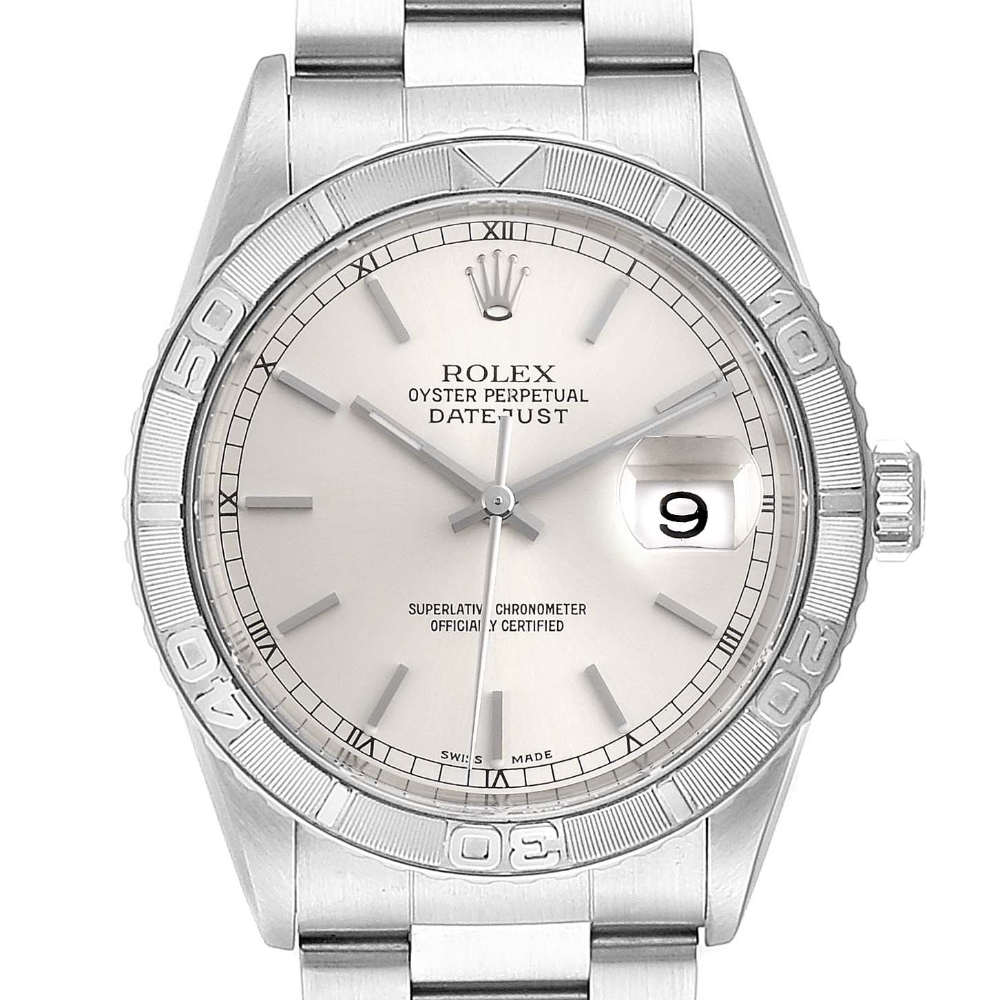 The image shows a frontal view of the Rolex Turn-o-Graph 16264 Men's Stainless Steel Silver Dial 16264 Men's Stainless Steel Silver Dial watch, highlighting its dial, bezel, case, and bracelet.