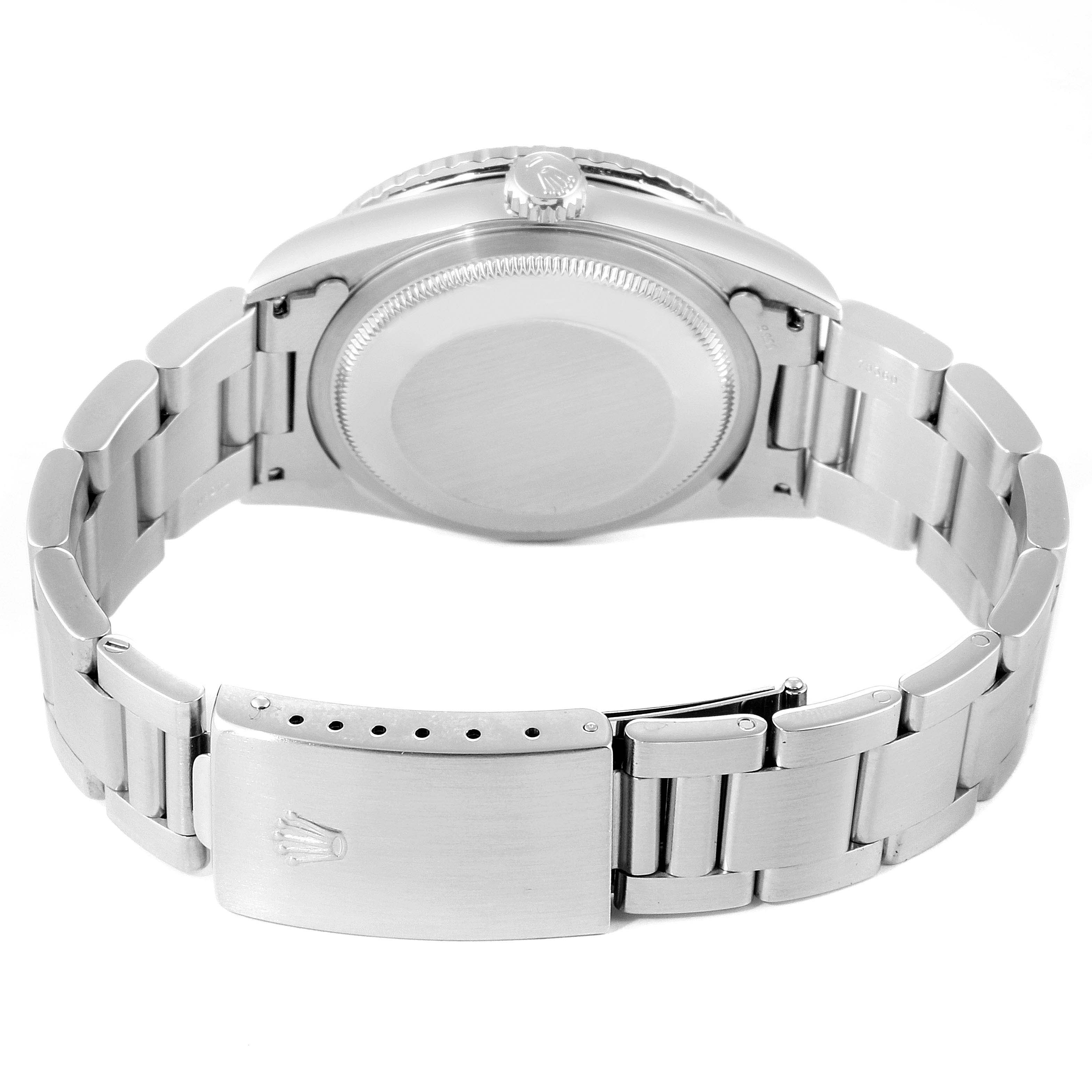 This image shows the back view of the Rolex Turn-o-Graph 16264 Men's Stainless Steel Silver Dial 16264 Men's Stainless Steel Silver Dial watch, highlighting the case back and the clasp of the metal bracelet.