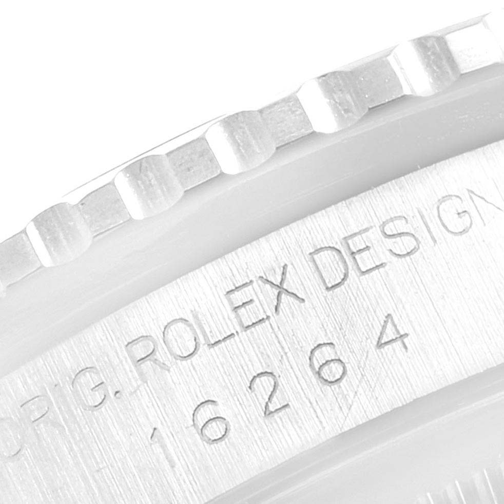The image shows a close-up of the engraved case and partially visible bezel of the Rolex Turn-o-Graph 16264 Men's Stainless Steel Silver Dial 16264 Men's Stainless Steel Silver Dial model.
