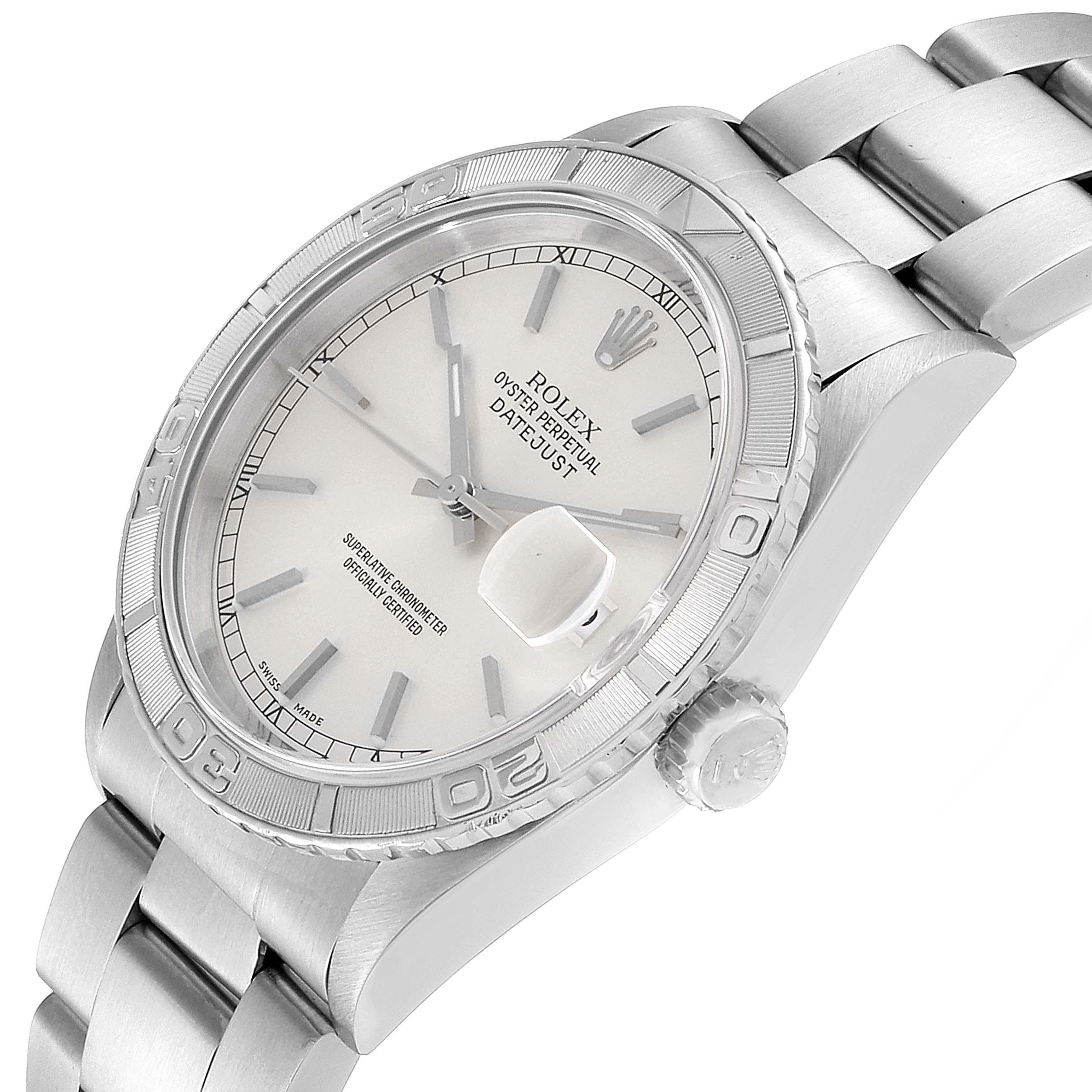 The image shows a close-up, angled view of the Rolex Turn-o-Graph 16264 Men's Stainless Steel Silver Dial 16264 Men's Stainless Steel Silver Dial, highlighting the dial, bezel, bracelet, and crown.