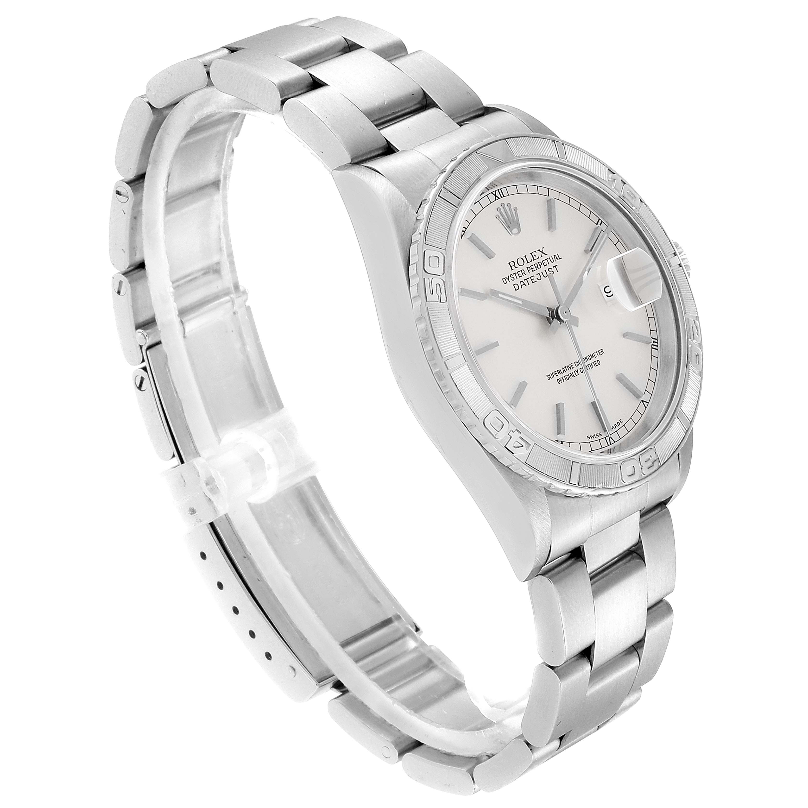 The image shows a Rolex Turn-o-Graph 16264 Men's Stainless Steel Silver Dial 16264 Men's Stainless Steel Silver Dial watch at an angle highlighting the bracelet, bezel, dial, and side profile.