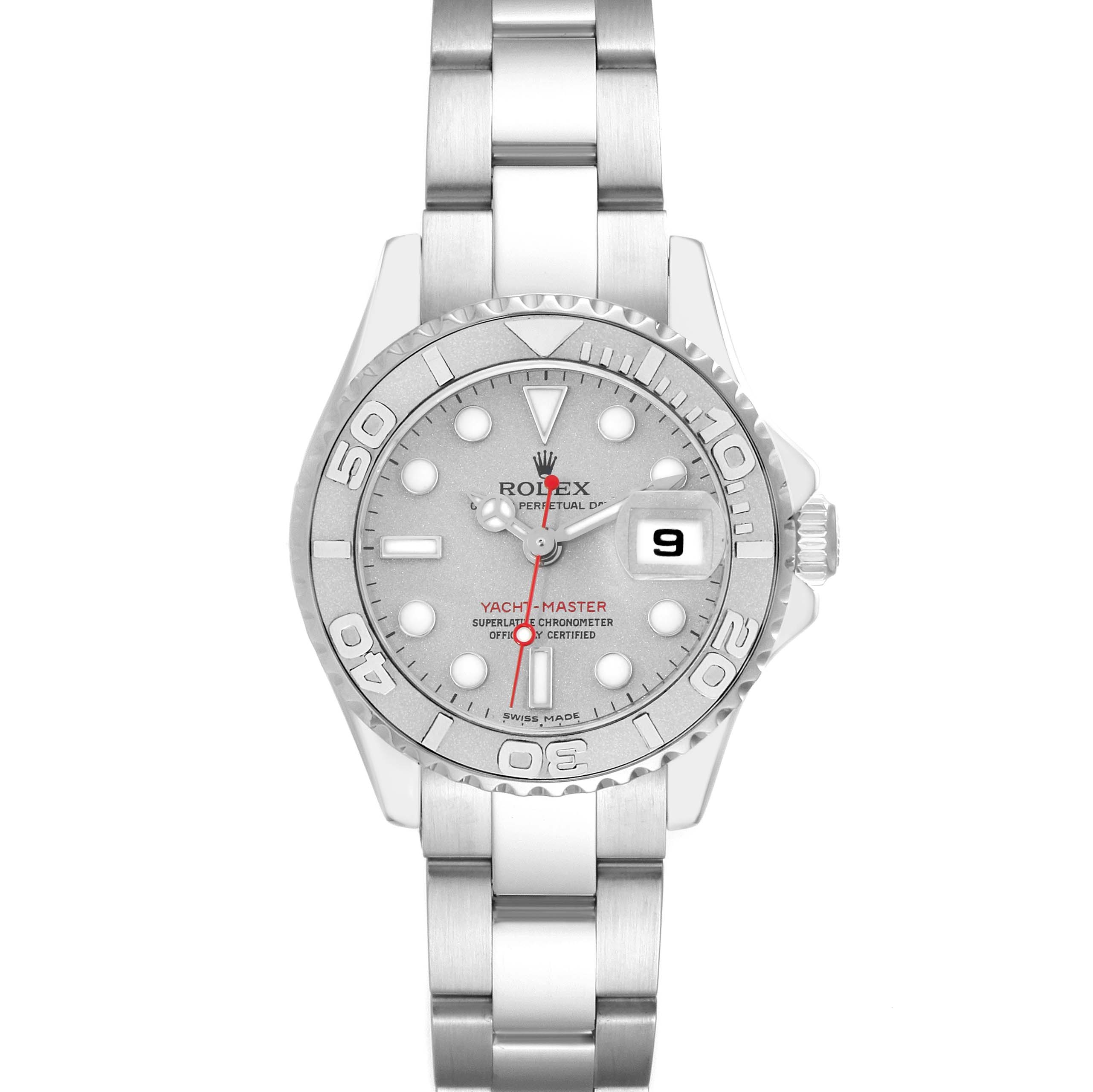 The Rolex Yacht-Master 169622 Women
s Stainless Steel Silver Dial watch is shown from a top-down angle, displaying the bezel, dial, hands, and portion of the bracelet.