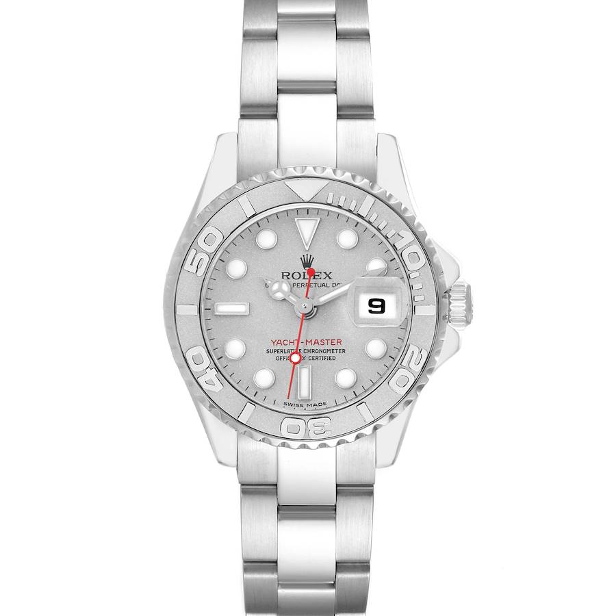 The Rolex Yacht-Master 169622 Women's Stainless Steel Silver Dial watch is shown from a top-down angle, displaying the bezel, dial, hands, and portion of the bracelet.