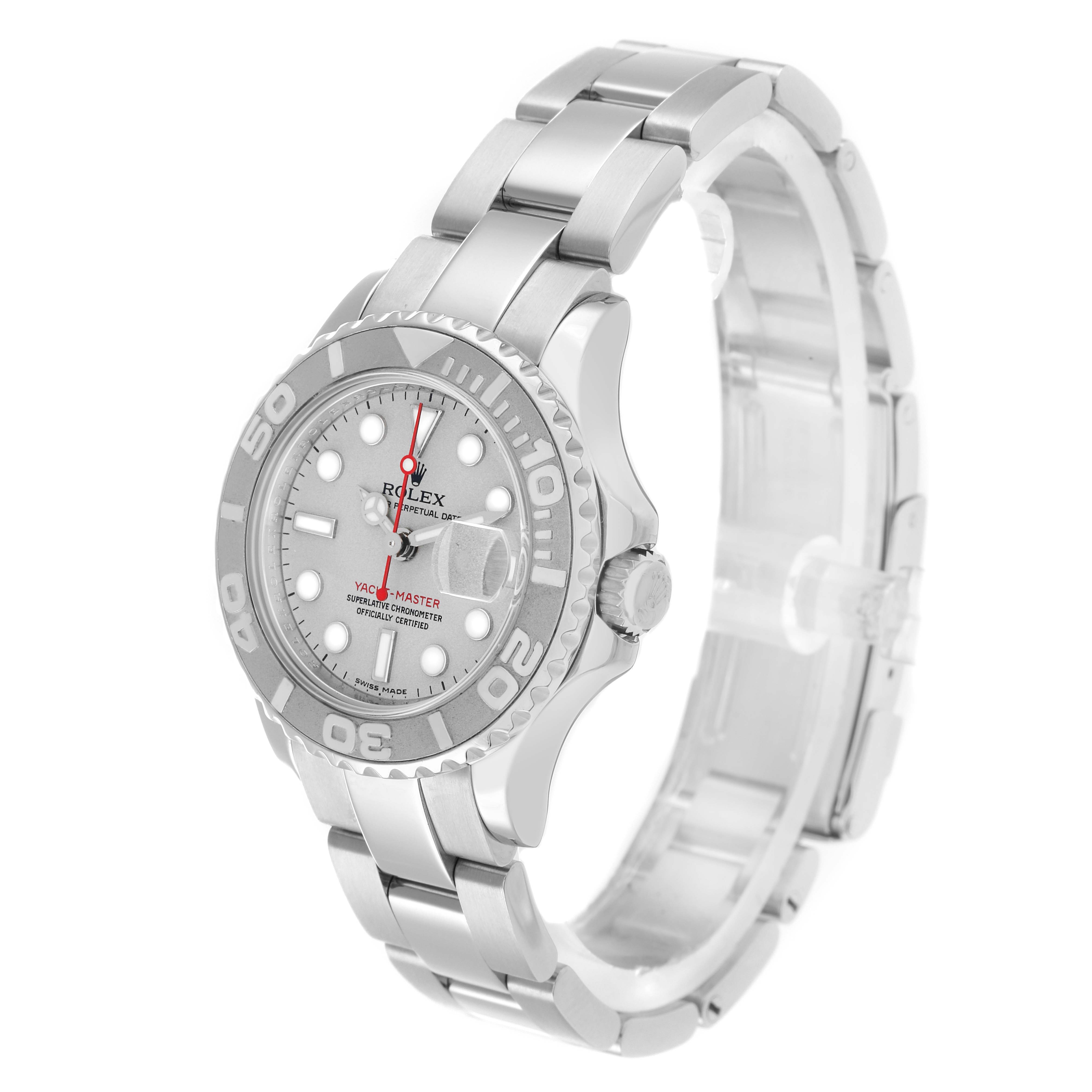 The Rolex Yacht-Master 169622 Women
s Stainless Steel Silver Dial watch is shown at a three-quarter angle, highlighting its face, bezel, and bracelet.