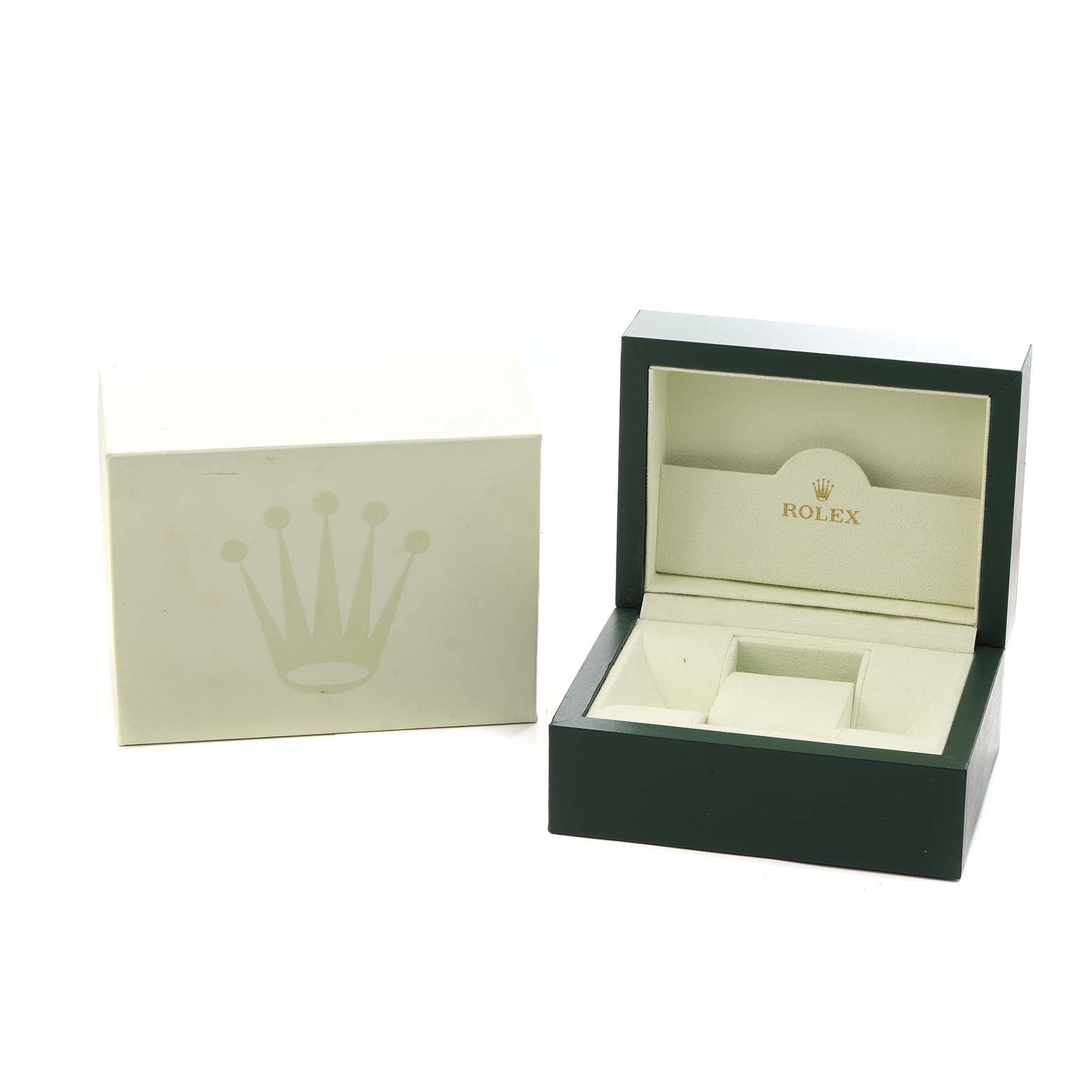 The image shows a Rolex Yacht-Master 169622 Women
s Stainless Steel Silver Dial box and outer box at an angle, featuring the logo and an open interior.