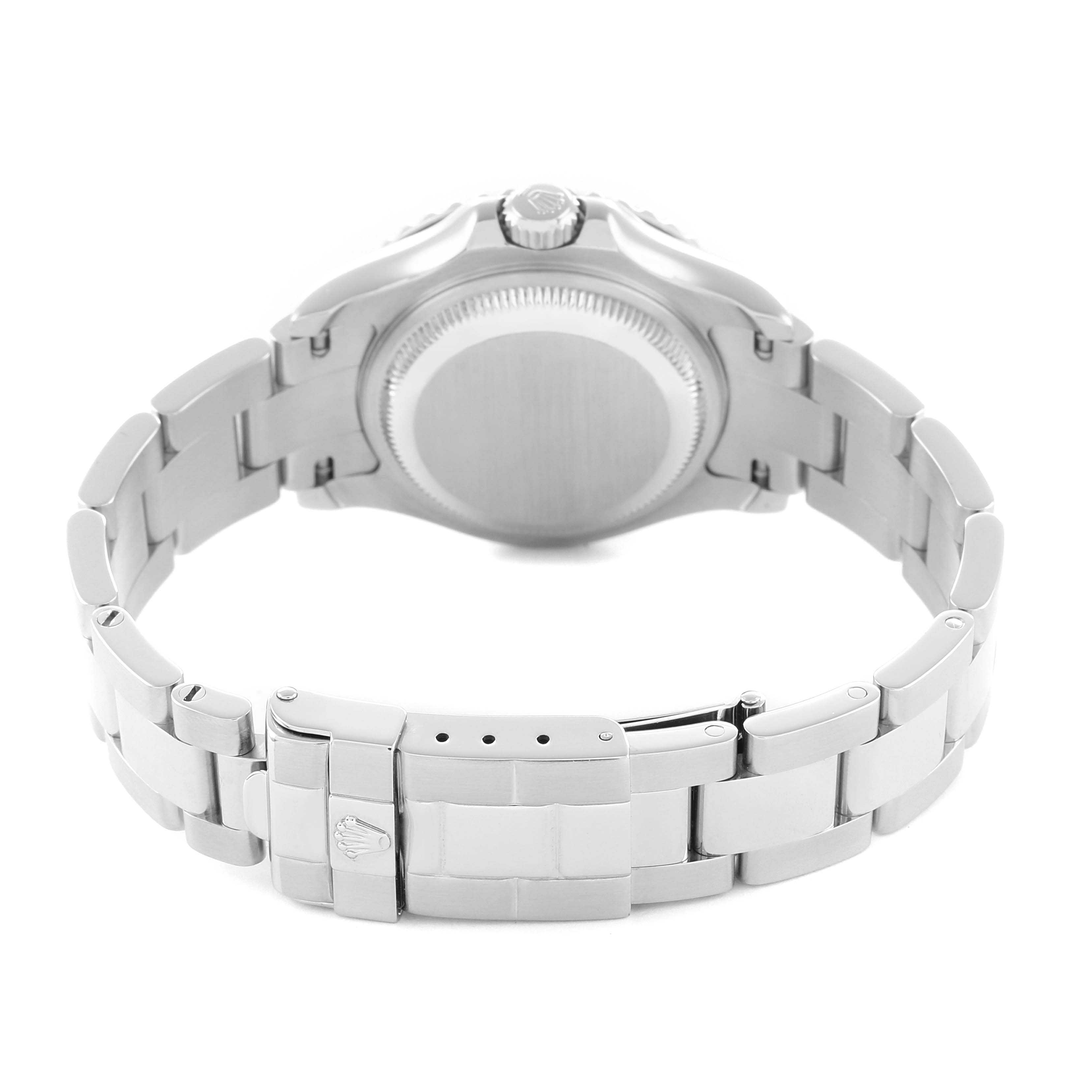The image shows the back case, bracelet, and clasp of a Rolex Yacht-Master 169622 Women
s Stainless Steel Silver Dial watch from a rear perspective.
