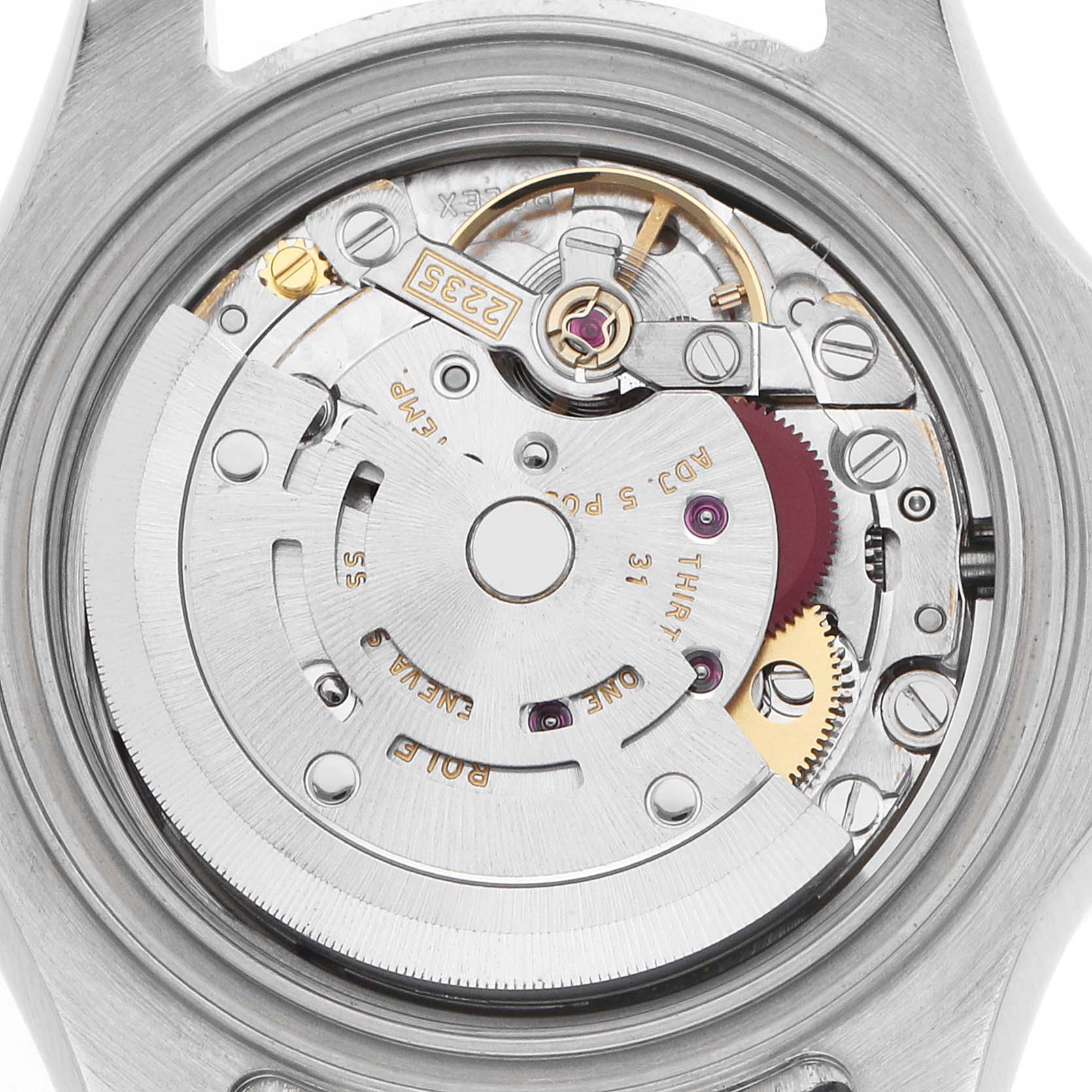 The image shows the case back view of a Rolex Yacht-Master 169622 Women
s Stainless Steel Silver Dial, featuring its intricate movement assembly.
