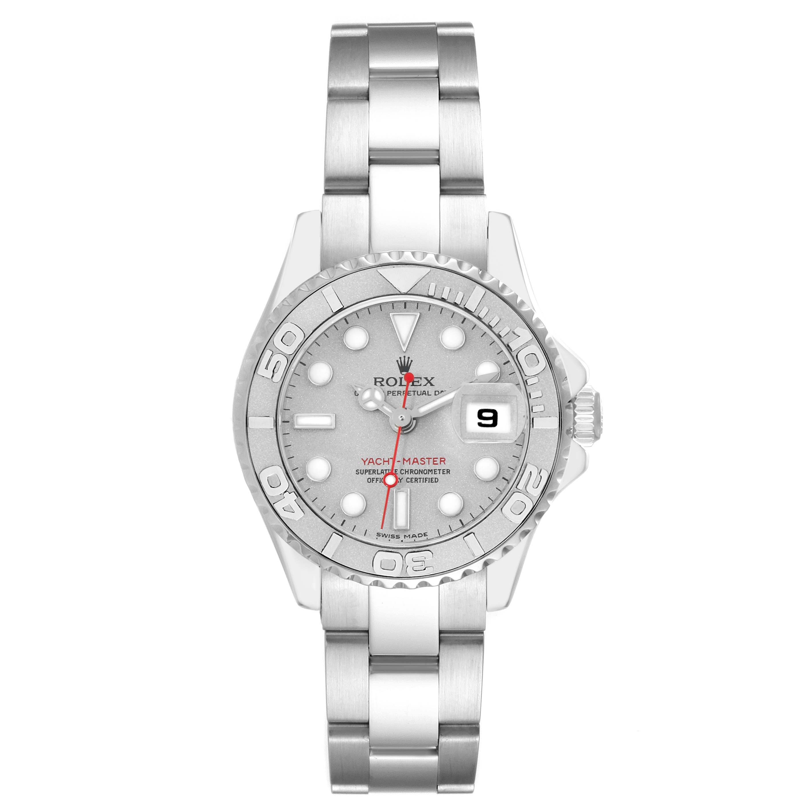The Rolex Yacht-Master 169622 Women
s Stainless Steel Silver Dial watch is shown from a top-down angle, displaying its dial, bezel, and bracelet clearly.
