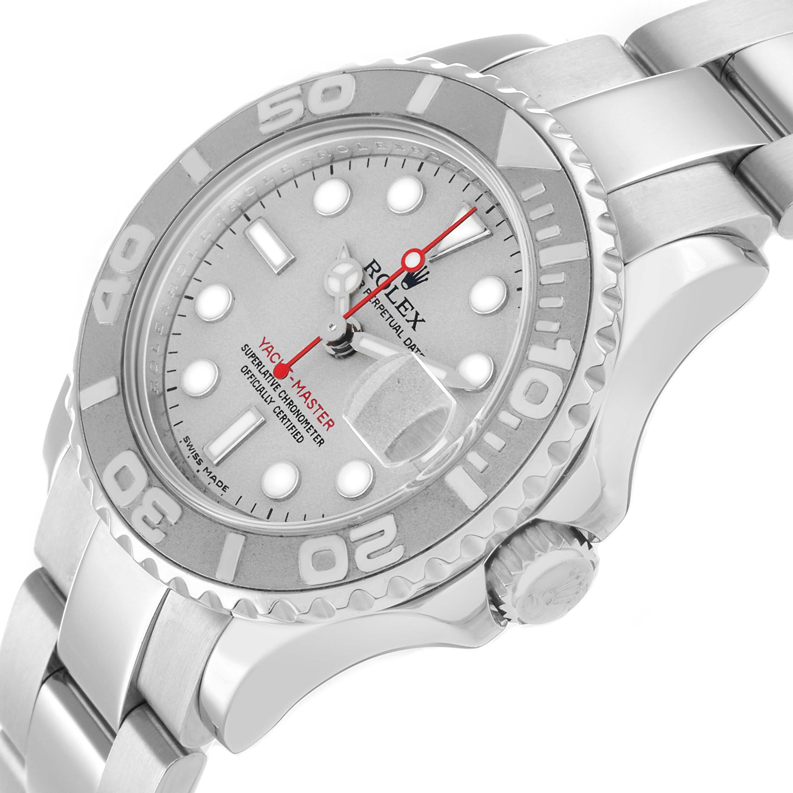 The Rolex Yacht-Master 169622 Women
s Stainless Steel Silver Dial watch is shown at an angle highlighting the bezel, crown, dial, and bracelet.