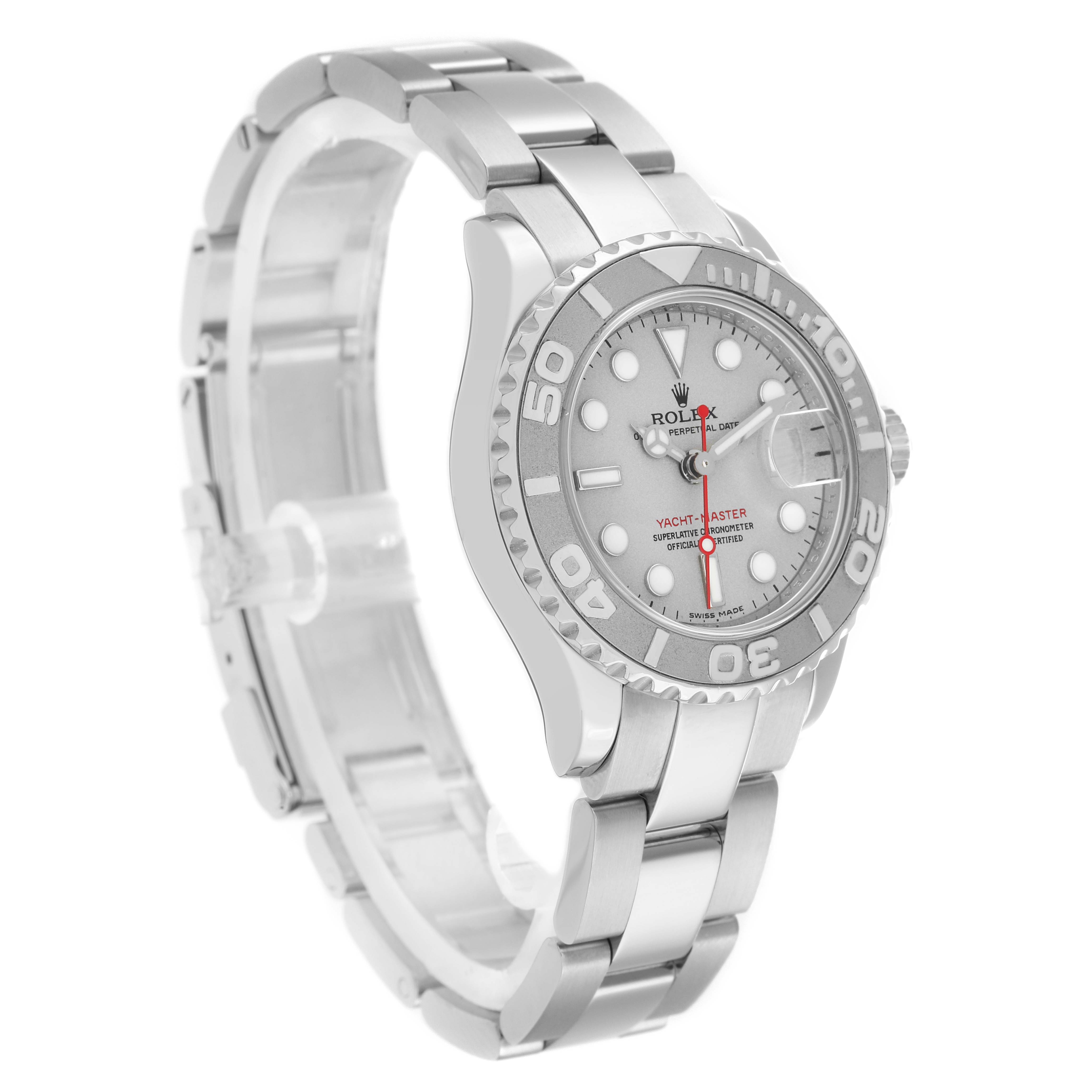 The Rolex Yacht-Master 169622 Women
s Stainless Steel Silver Dial watch is shown at a 3/4 angle, displaying the bezel, dial, and part of the bracelet.
