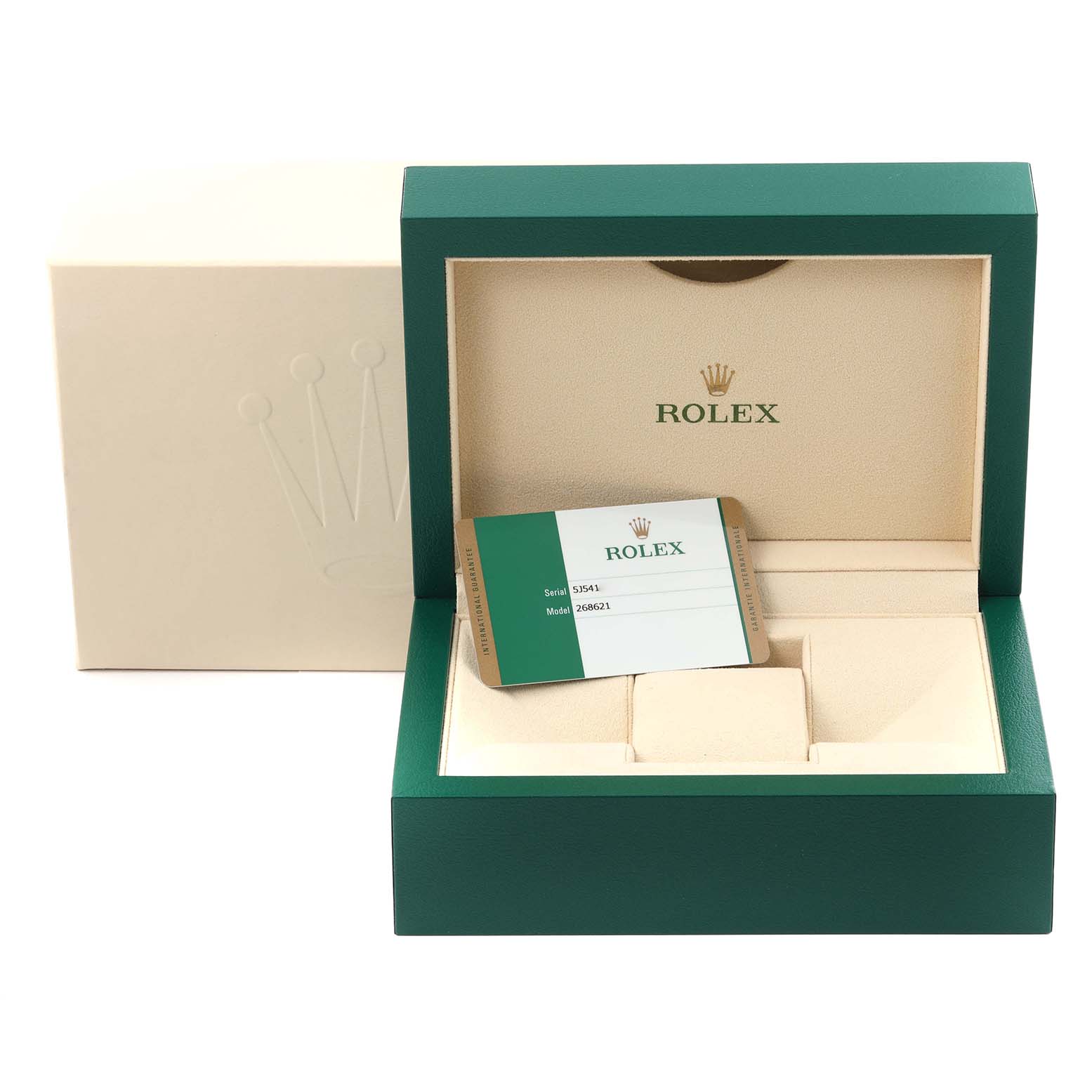 The image shows a Rolex Yacht-Master 268621 Men's Steel and Gold (two tone) Brown Dial 268621 Men's Steel and Gold (two tone) Brown Dial watch box with an open green and beige case and a warranty card inside.