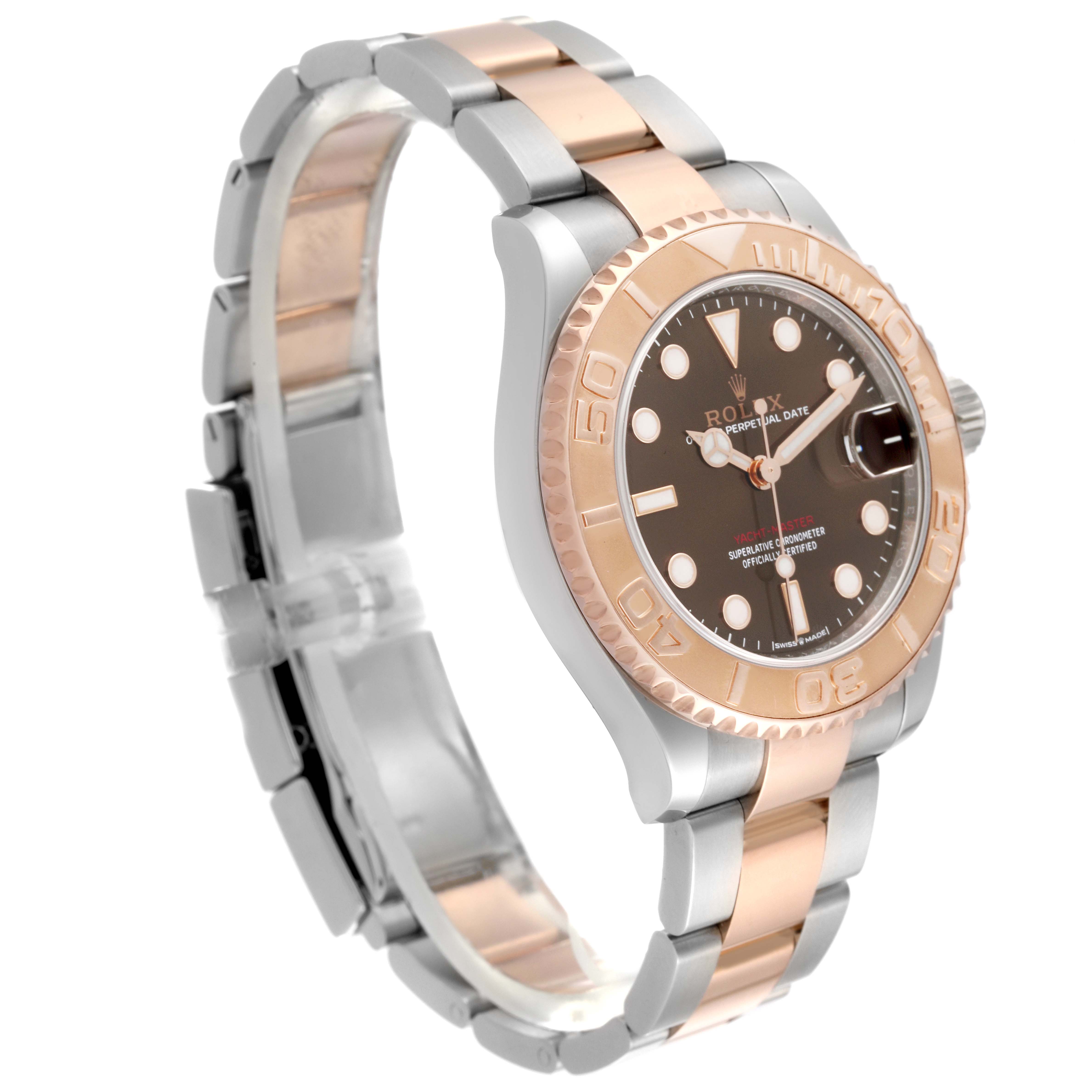 The image shows a side-angle view of a Rolex Yacht-Master 268621 Men's Steel and Gold (two tone) Brown Dial 268621 Men's Steel and Gold (two tone) Brown Dial watch, featuring a two-tone bracelet and bezel.