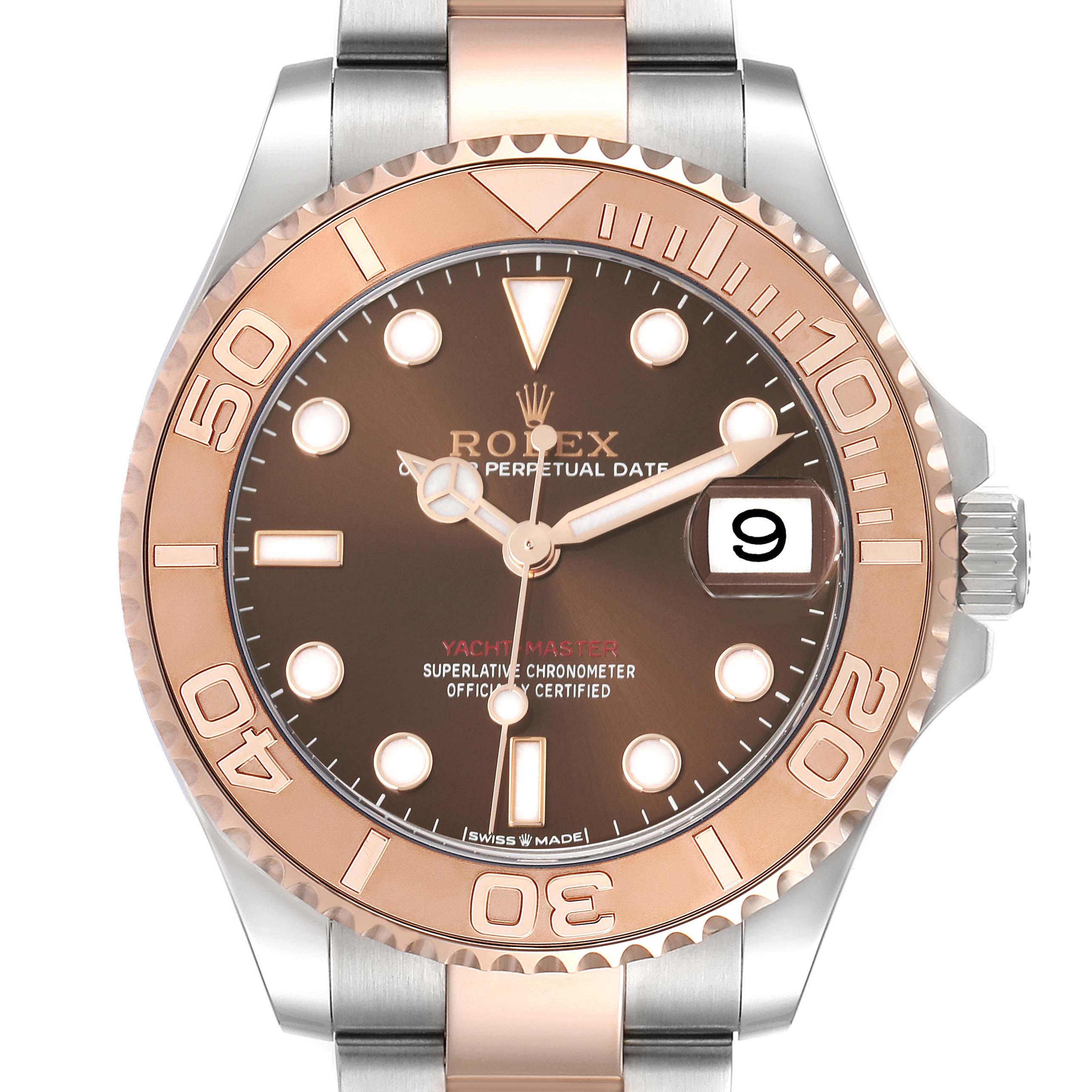 This image shows a front view of the Rolex Yacht-Master 268621 Men's Steel and Gold (two tone) Brown Dial 268621 Men's Steel and Gold (two tone) Brown Dial watch focusing on the dial, bezel, and bracelet.