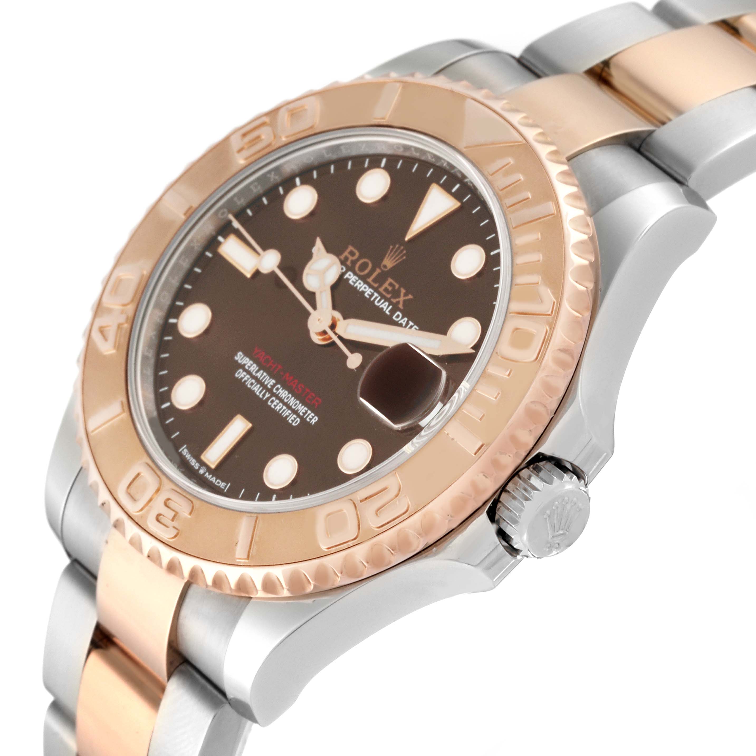 This image shows a Rolex Yacht-Master 268621 Men's Steel and Gold (two tone) Brown Dial 268621 Men's Steel and Gold (two tone) Brown Dial watch from an angled side view, highlighting the dial, bezel, crown, and bracelet.