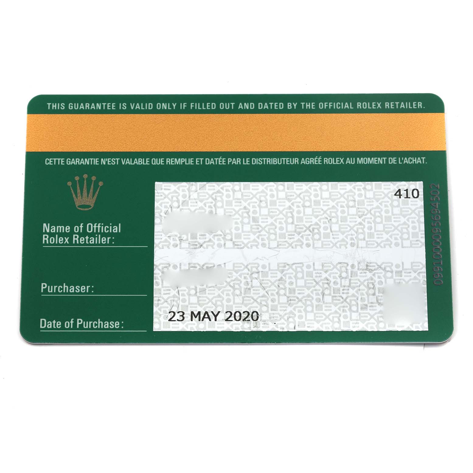 This image shows a warranty card for the Rolex Yacht-Master 268621 Men's Steel and Gold (two tone) Brown Dial 268621 Men's Steel and Gold (two tone) Brown Dial watch, dated 23 May 2020.