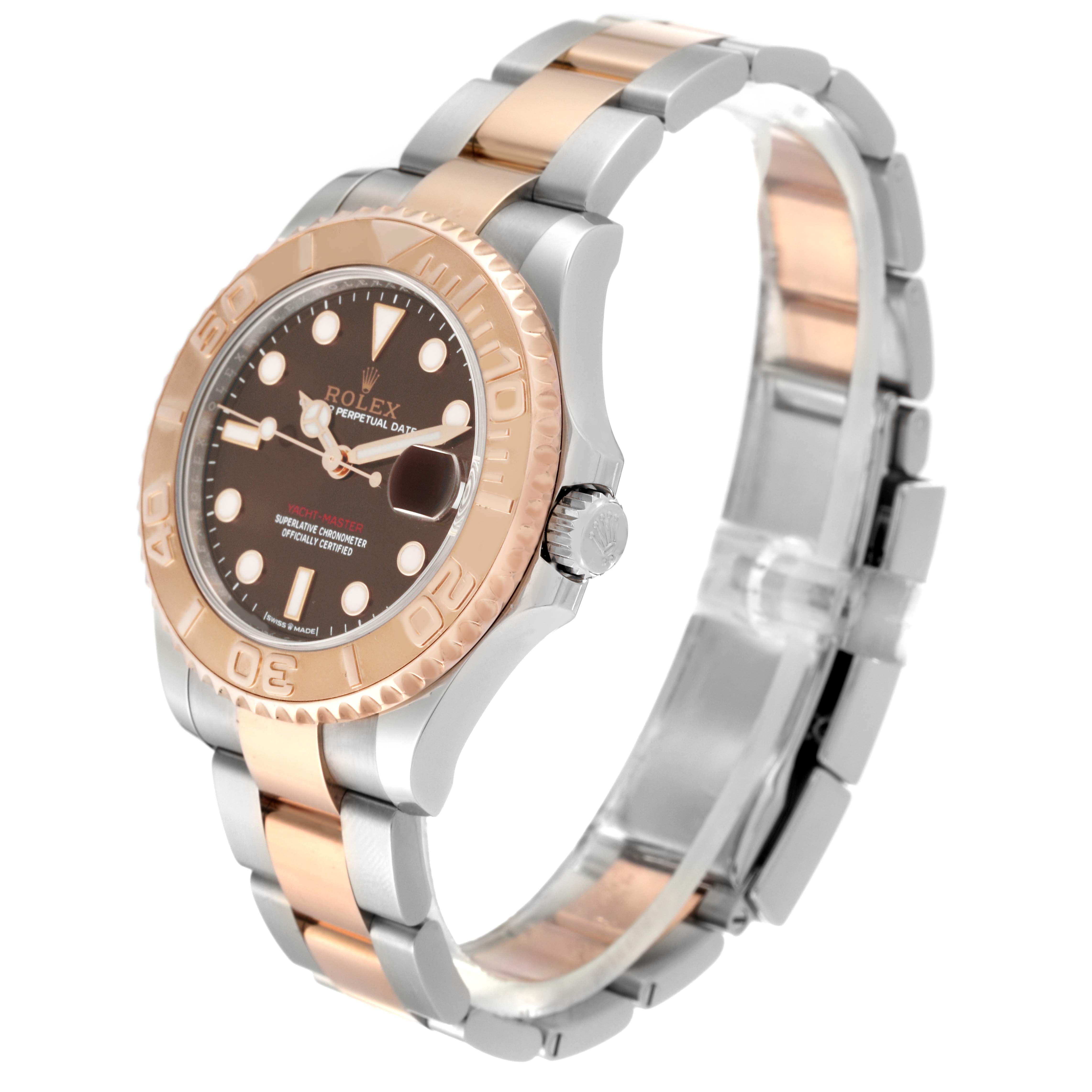 The image shows a side angle of a Rolex Yacht-Master 268621 Men's Steel and Gold (two tone) Brown Dial 268621 Men's Steel and Gold (two tone) Brown Dial watch, highlighting its two-tone metal bracelet and bezel.