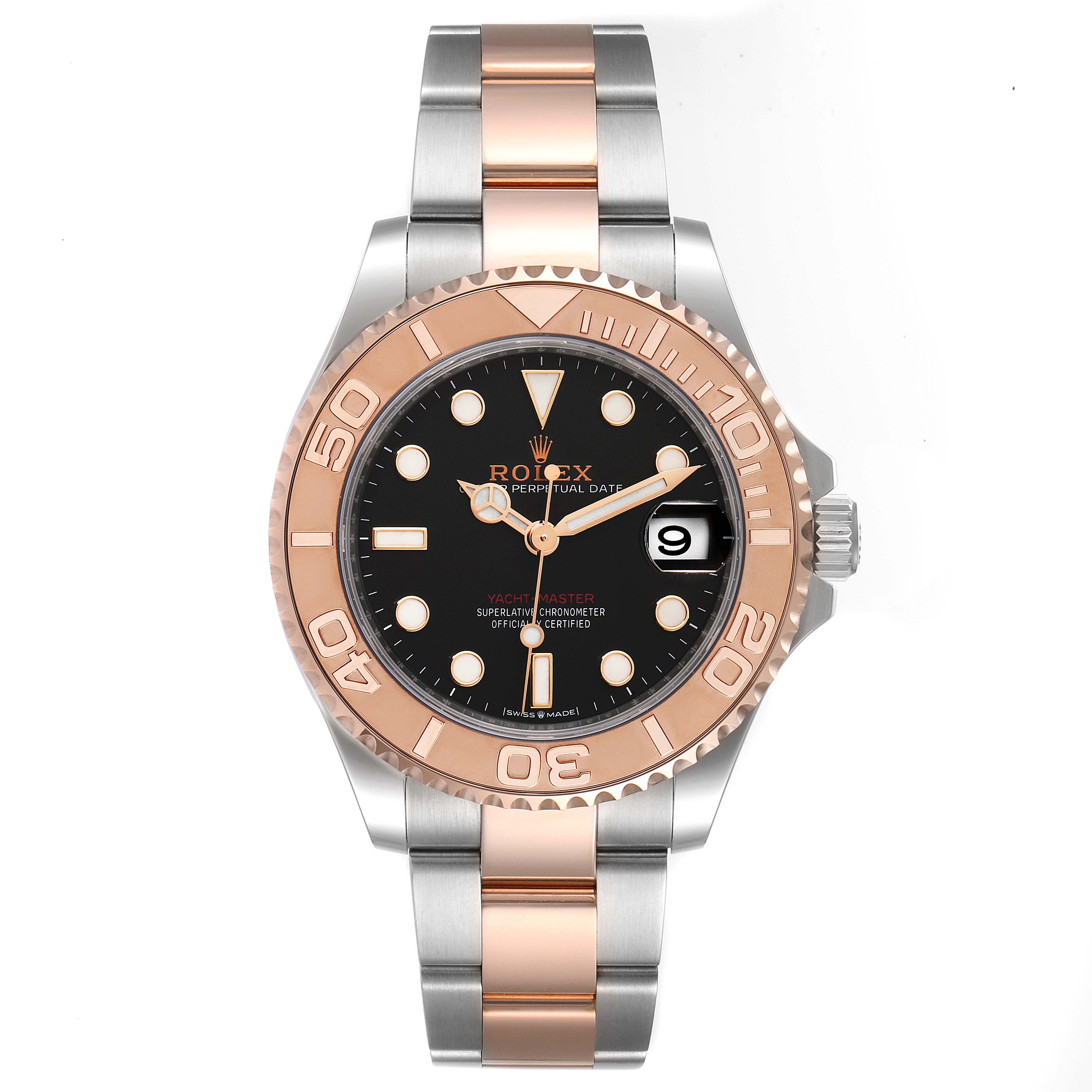 The image shows a Rolex Yacht-Master 268621 Men
s Steel and Gold (two tone) Black Dial 268621 Men
s Steel and Gold (two tone) Black Dial watch from a front angle, highlighting its bezel, dial, hands, and metal bracelet.