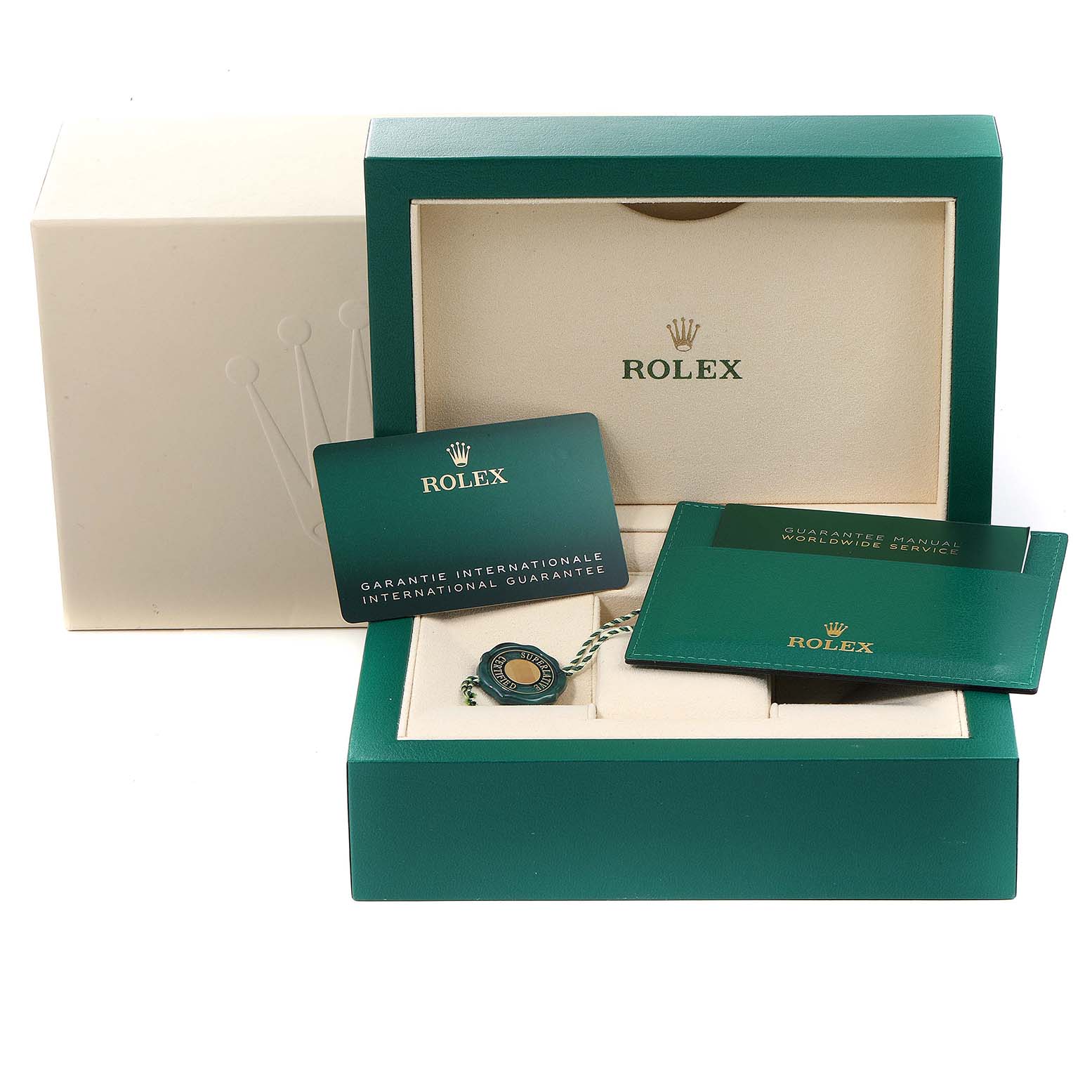 The image shows the packaging and accessories of a Rolex Yacht-Master 268621 Men
s Steel and Gold (two tone) Black Dial 268621 Men
s Steel and Gold (two tone) Black Dial model, including the box, warranty card, and manual.