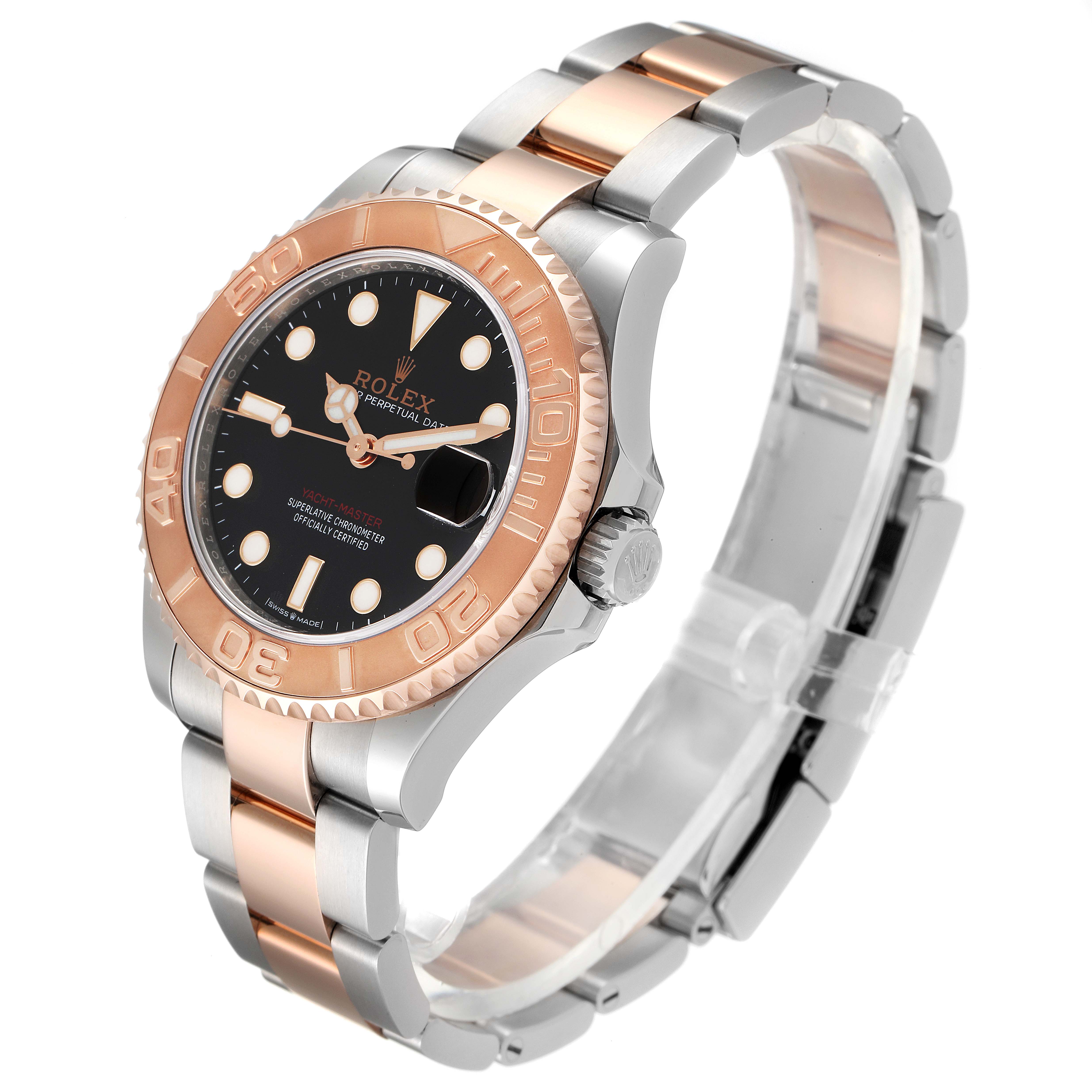 The Rolex Yacht-Master 268621 Men
s Steel and Gold (two tone) Black Dial 268621 Men
s Steel and Gold (two tone) Black Dial watch is shown at an angle highlighting the face, bezel, crown, and bracelet.