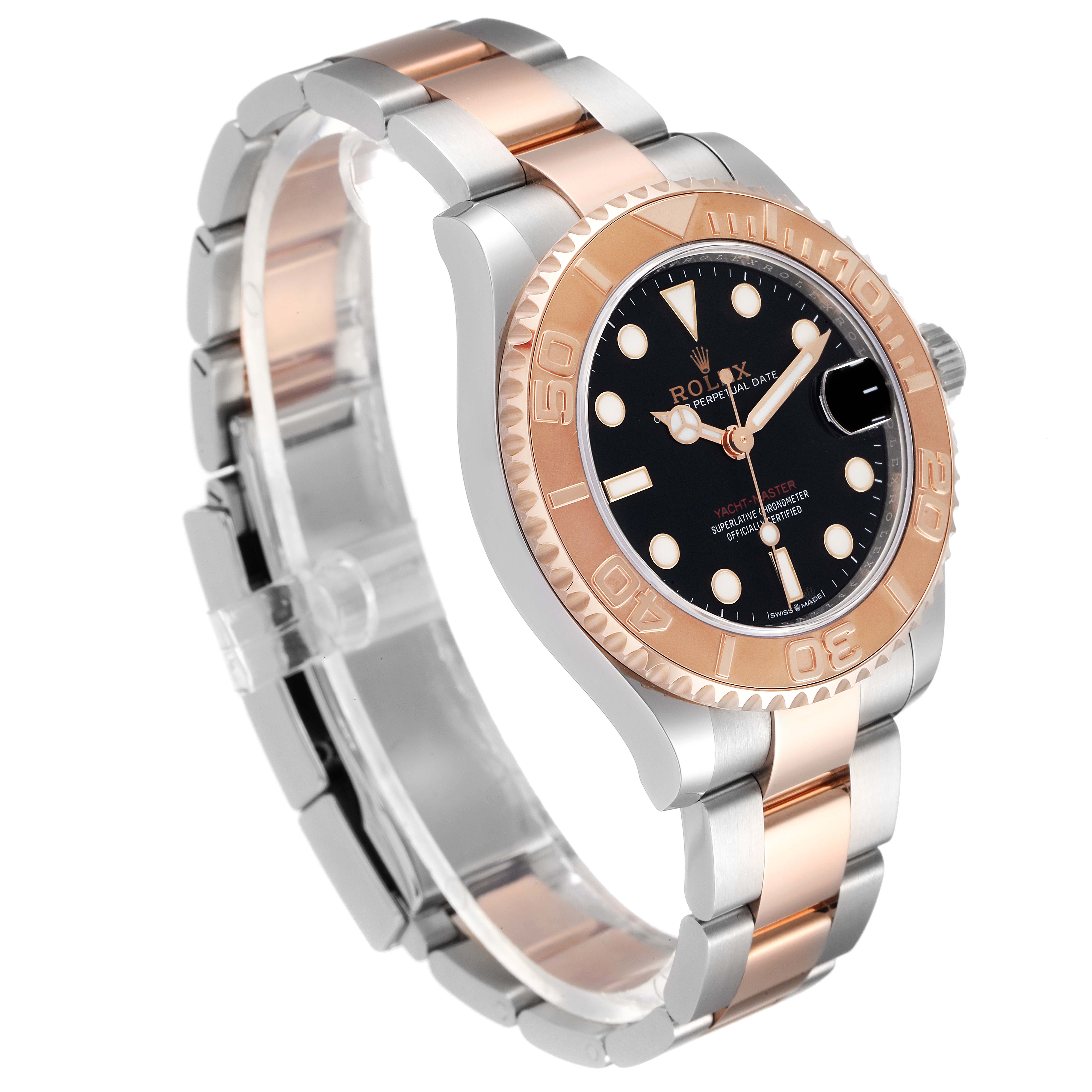 The image shows a side view of a Rolex Yacht-Master 268621 Men
s Steel and Gold (two tone) Black Dial 268621 Men
s Steel and Gold (two tone) Black Dial watch, highlighting its bezel, dial, and two-tone bracelet.