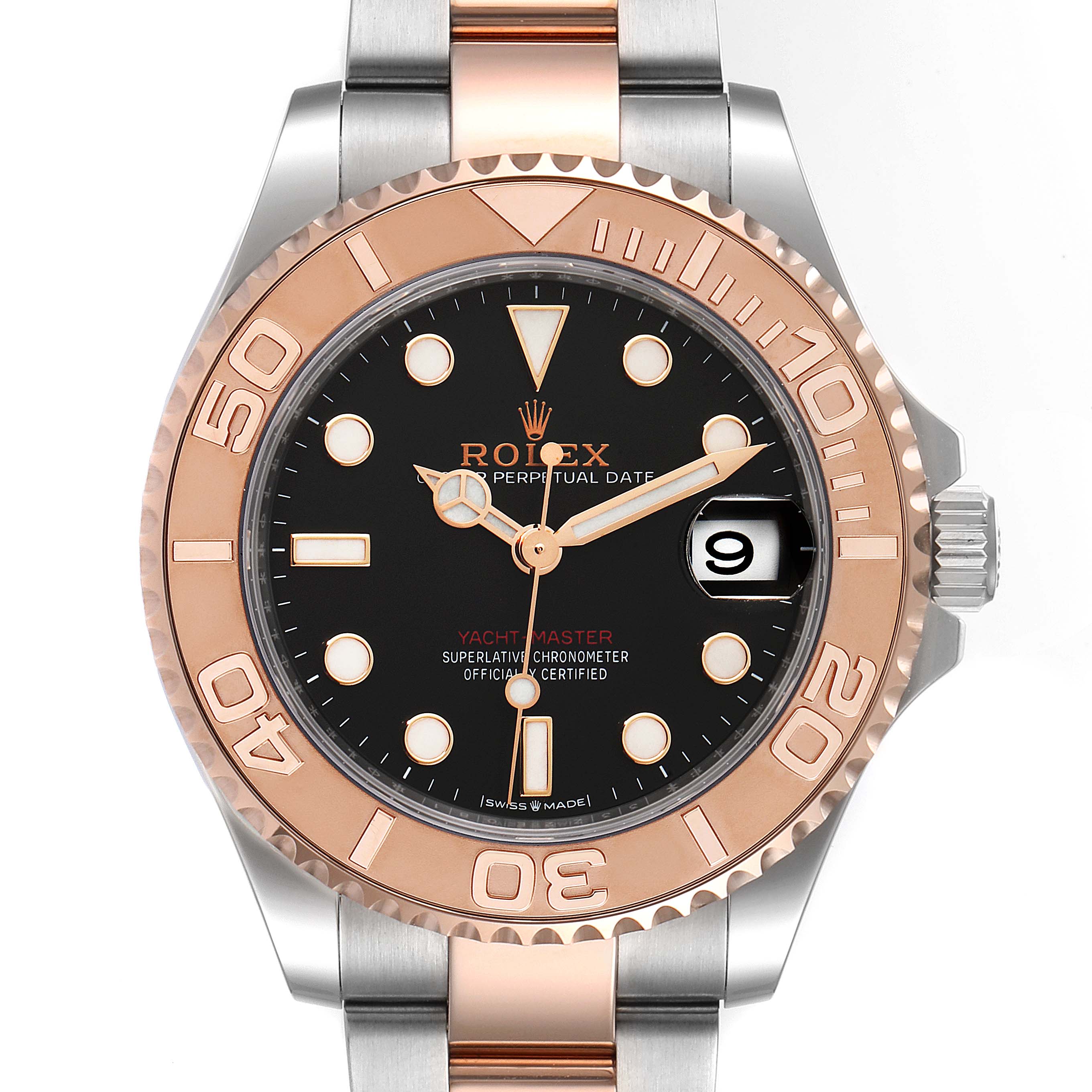 The image shows a front view of a Rolex Yacht-Master 268621 Men
s Steel and Gold (two tone) Black Dial 268621 Men
s Steel and Gold (two tone) Black Dial watch, featuring its bezel, dial, hands, and bracelet.