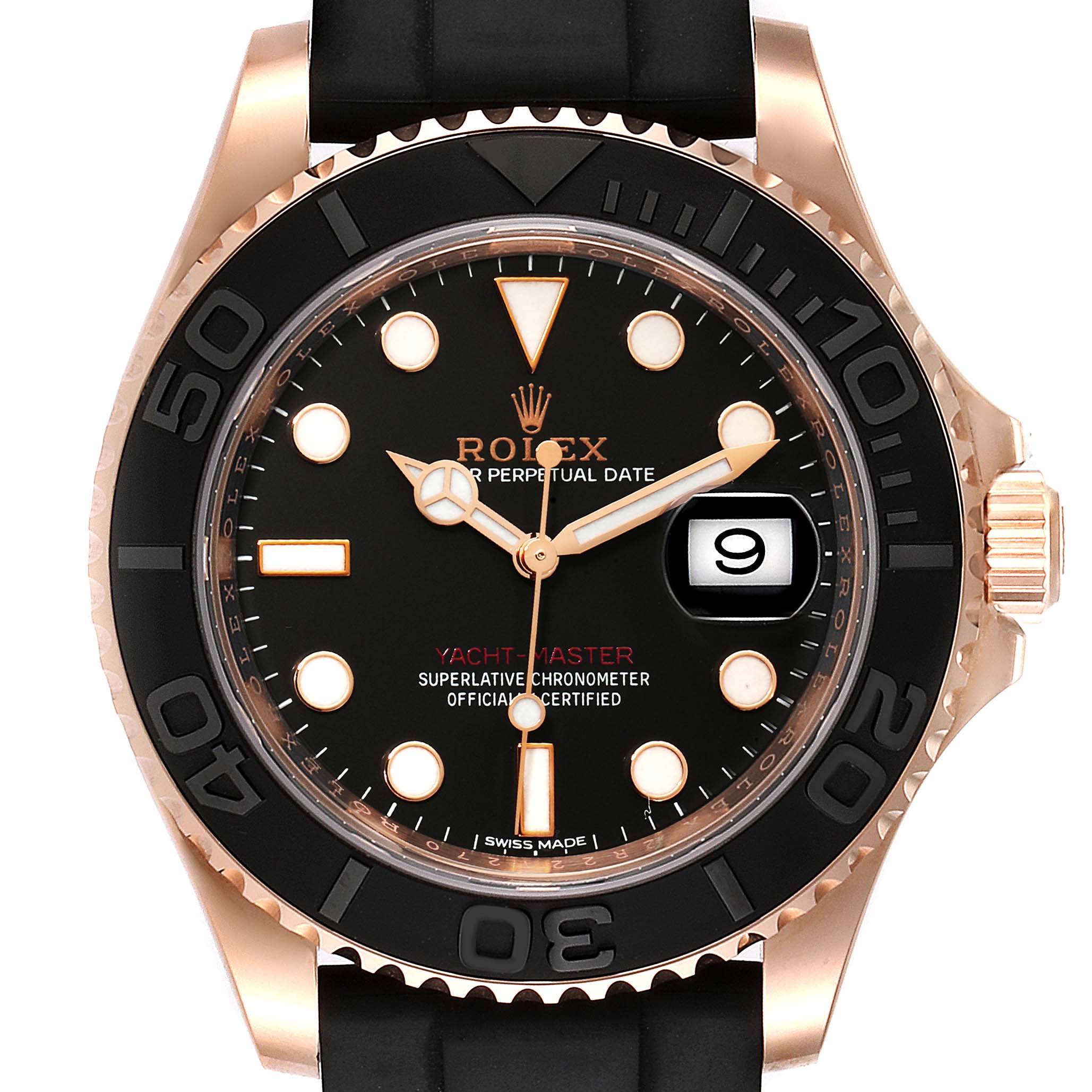 The image shows a front view of the Rolex Yacht-Master 116655 Men
s Rose Gold Black Dial 116655 Men
s Rose Gold Black Dial watch, displaying the face, bezel, and part of the band.