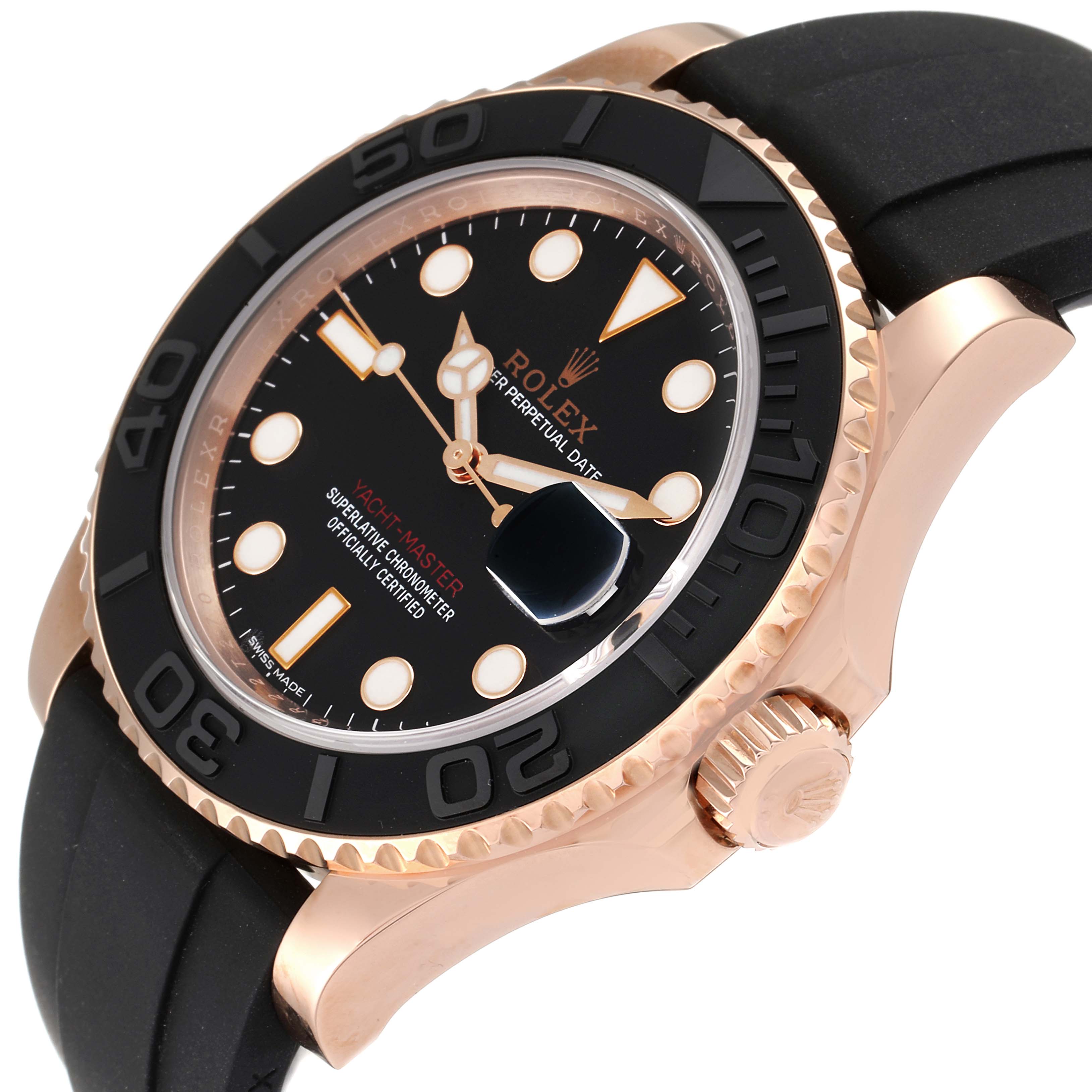 The Rolex Yacht-Master 116655 Men
s Rose Gold Black Dial 116655 Men
s Rose Gold Black Dial watch is shown at a slight side angle, displaying its face, bezel, case, and crown along with the black rubber strap.