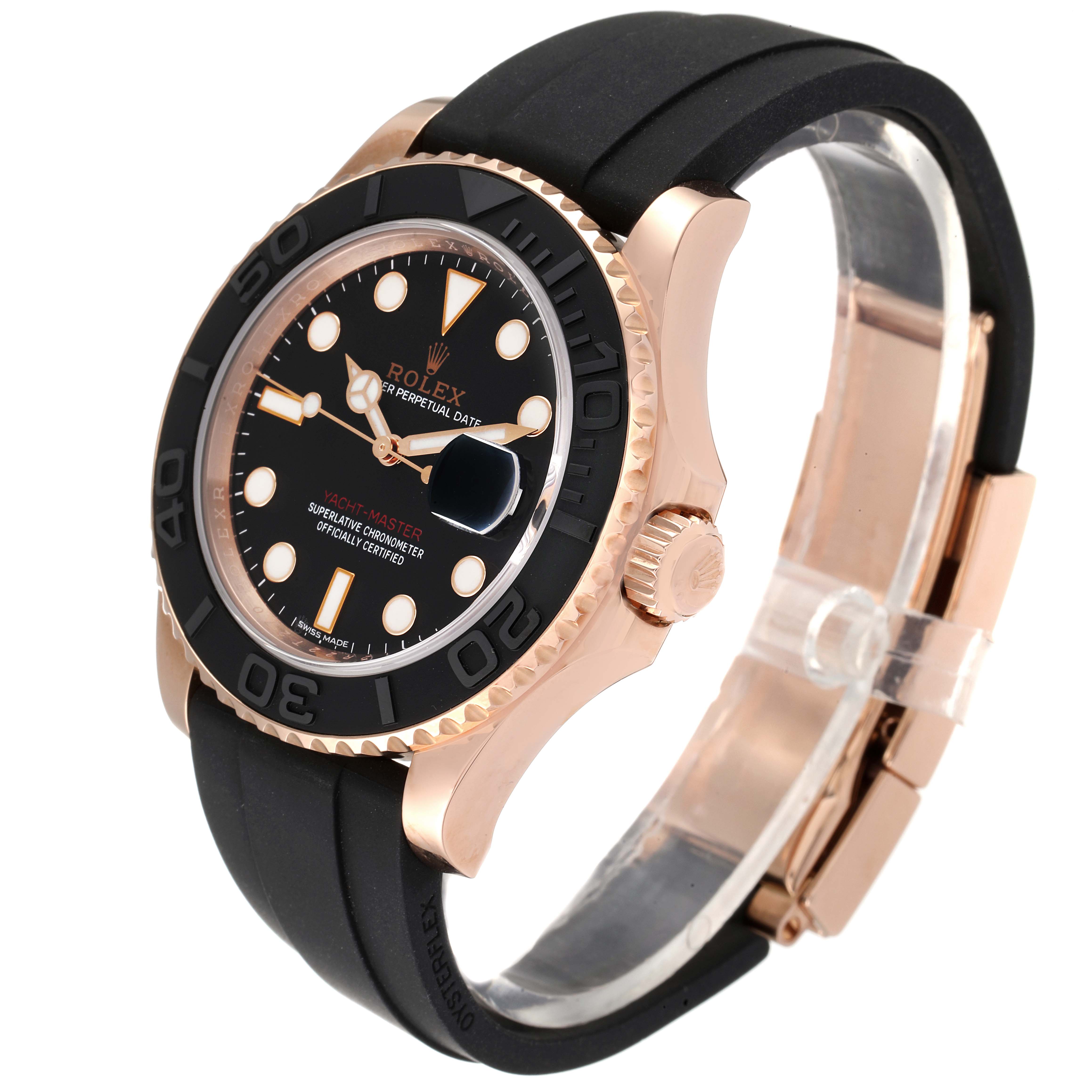 The Rolex Yacht-Master 116655 Men
s Rose Gold Black Dial 116655 Men
s Rose Gold Black Dial watch is shown at an angle displaying its black dial, bezel, rose gold casing, and black rubber strap.