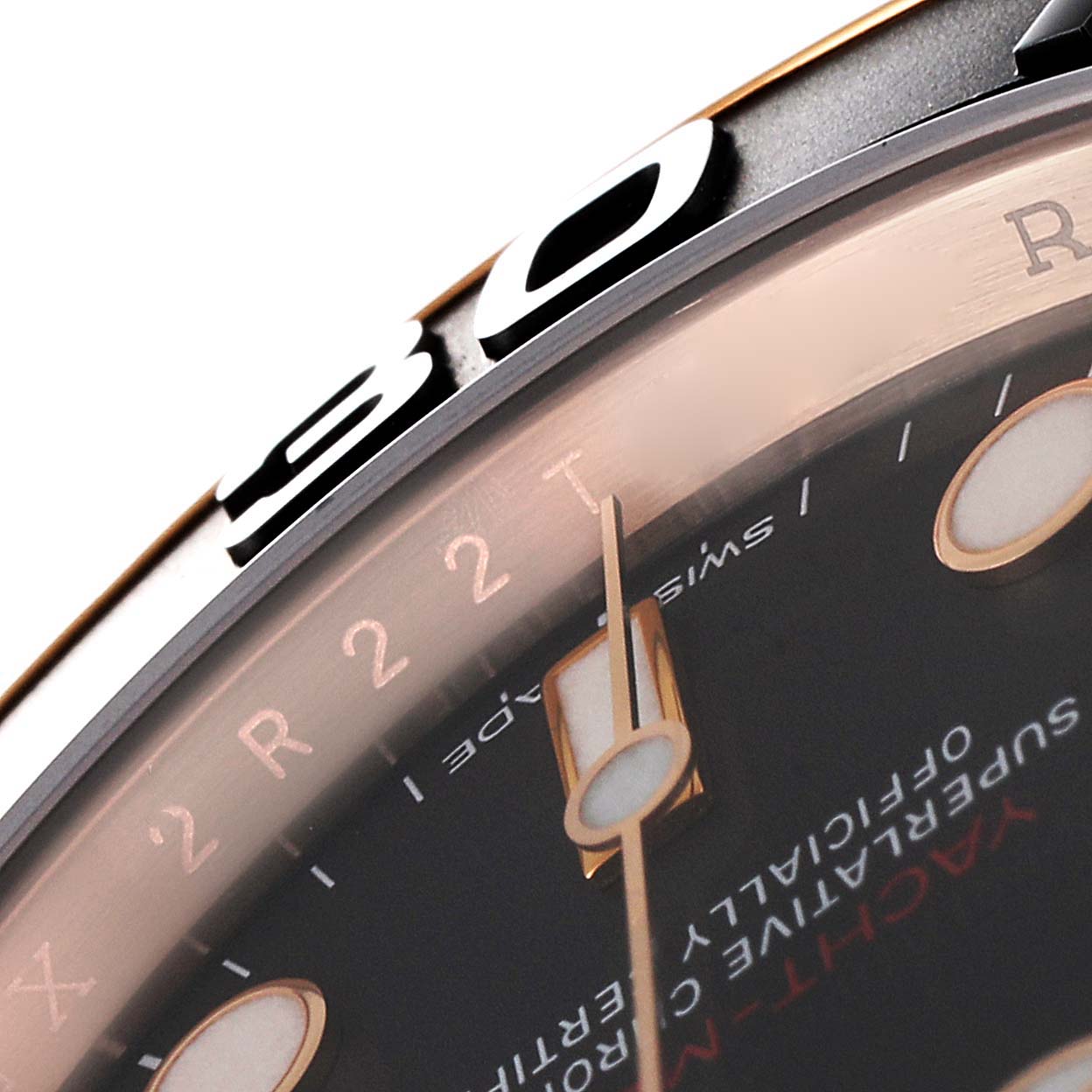 The image shows a close-up of the dial, bezel, and part of the hand of a Rolex Yacht-Master 116655 Men
s Rose Gold Black Dial 116655 Men
s Rose Gold Black Dial watch.