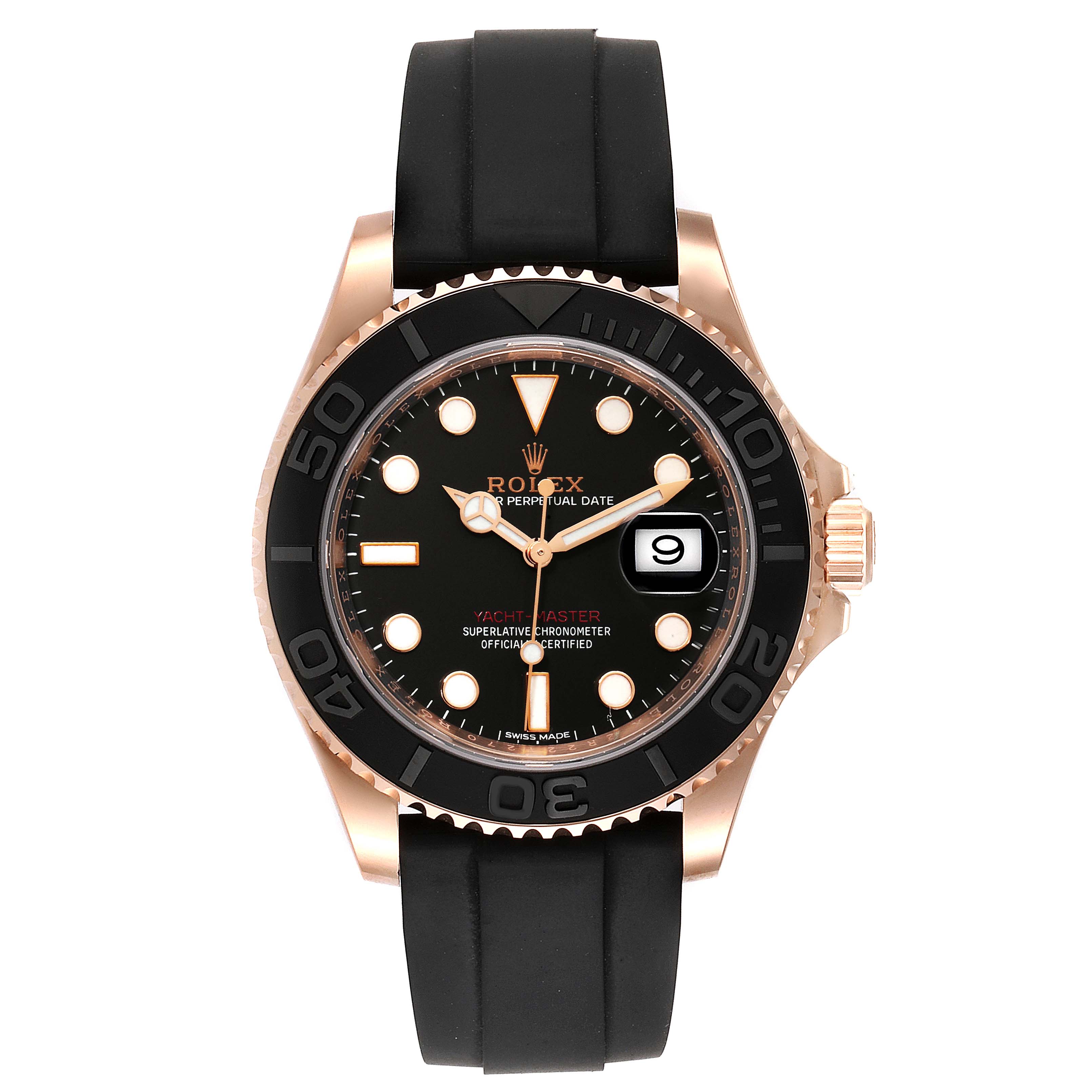 The image shows a front view of a Rolex Yacht-Master 116655 Men
s Rose Gold Black Dial 116655 Men
s Rose Gold Black Dial watch, featuring a black dial, black bezel, and a black rubber strap.