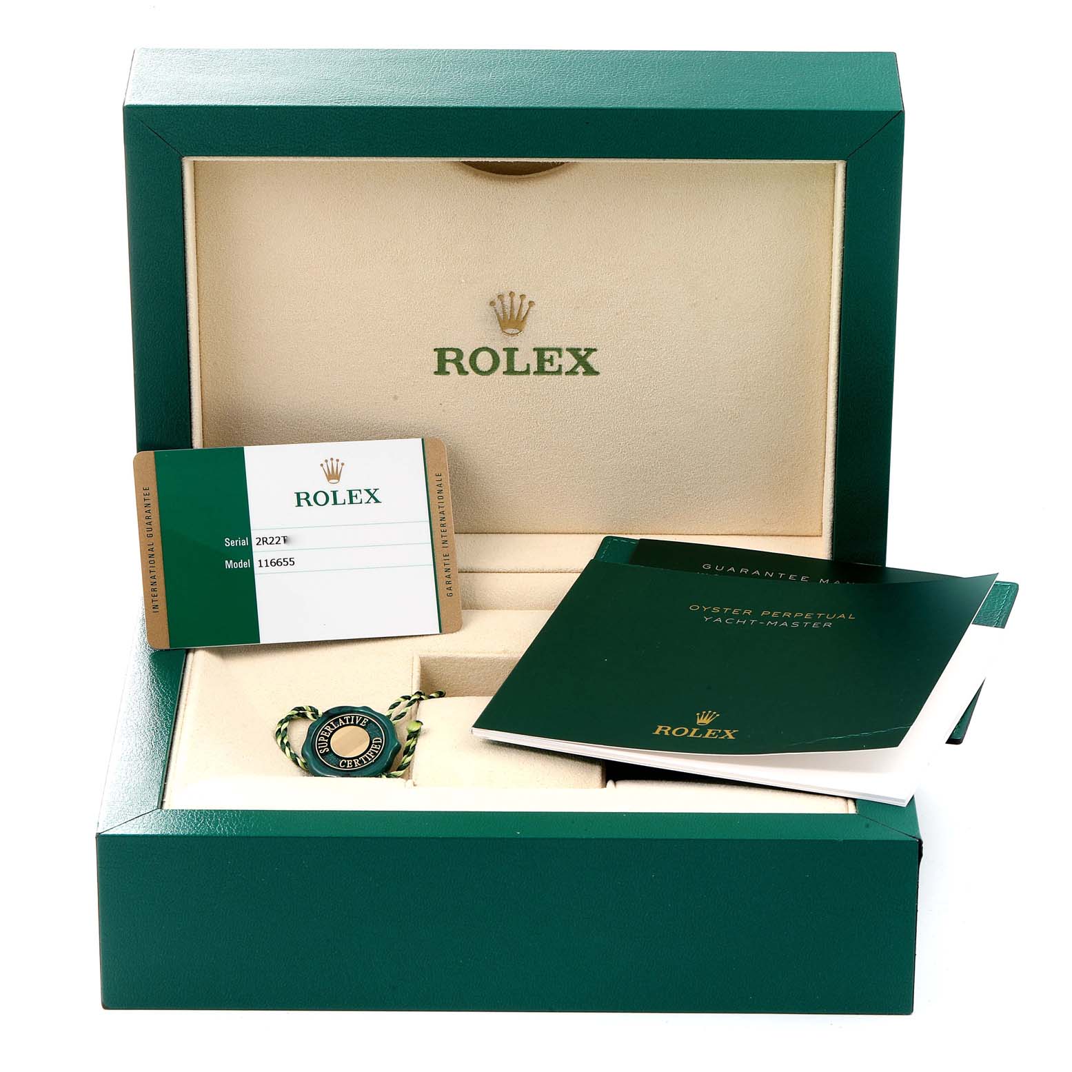 The image shows a Rolex Yacht-Master 116655 Men
s Rose Gold Black Dial 116655 Men
s Rose Gold Black Dial watch box, warranty card, booklet, and a green tag.