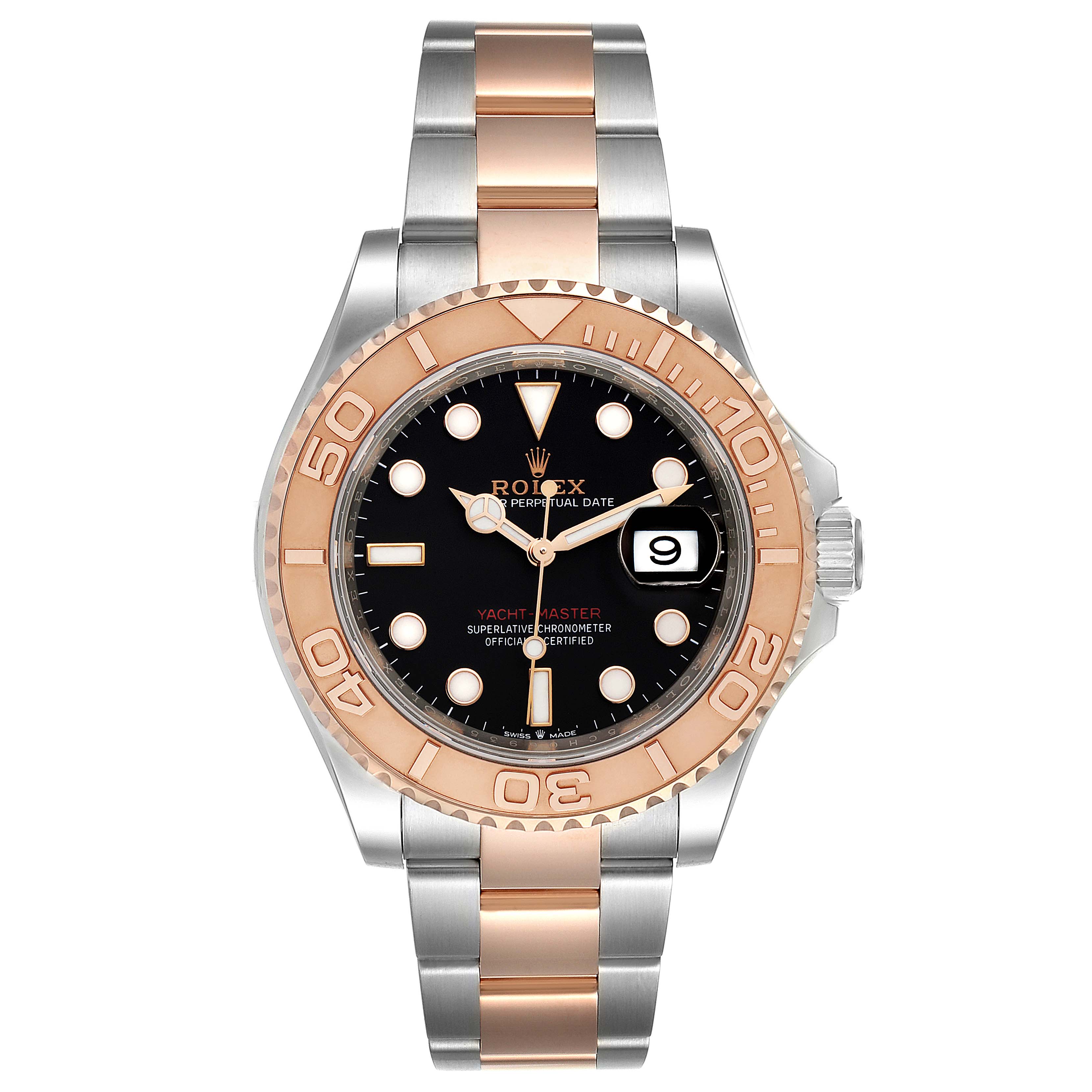 The image shows a front view of a Rolex Yacht-Master 126621 Men
s Steel and Gold (two tone) Black Dial 126621 Men
s Steel and Gold (two tone) Black Dial watch, highlighting the dial, bezel, and bracelet.