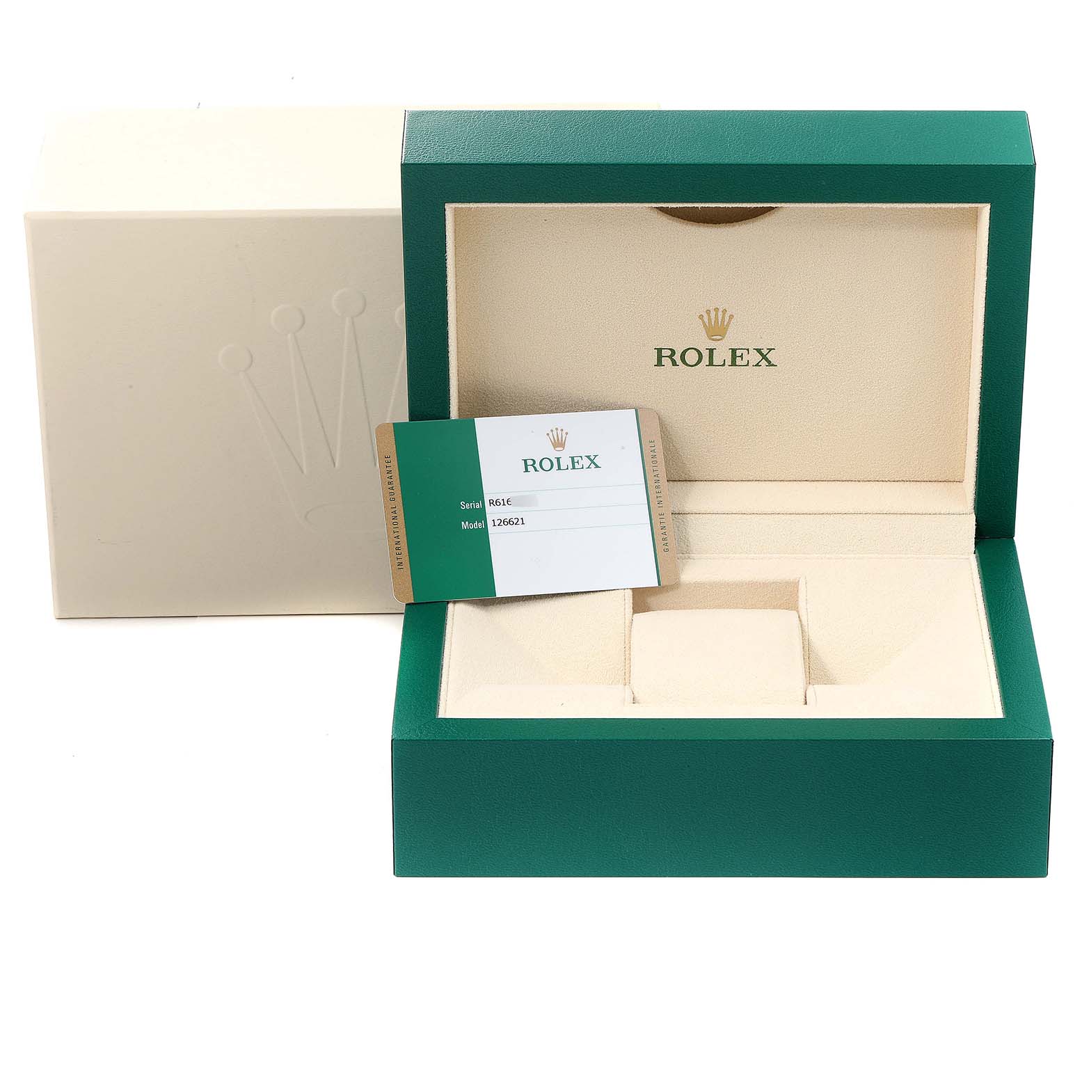 The image shows the open box and guarantee card for a Rolex Yacht-Master 126621 Men
s Steel and Gold (two tone) Black Dial 126621 Men
s Steel and Gold (two tone) Black Dial watch.