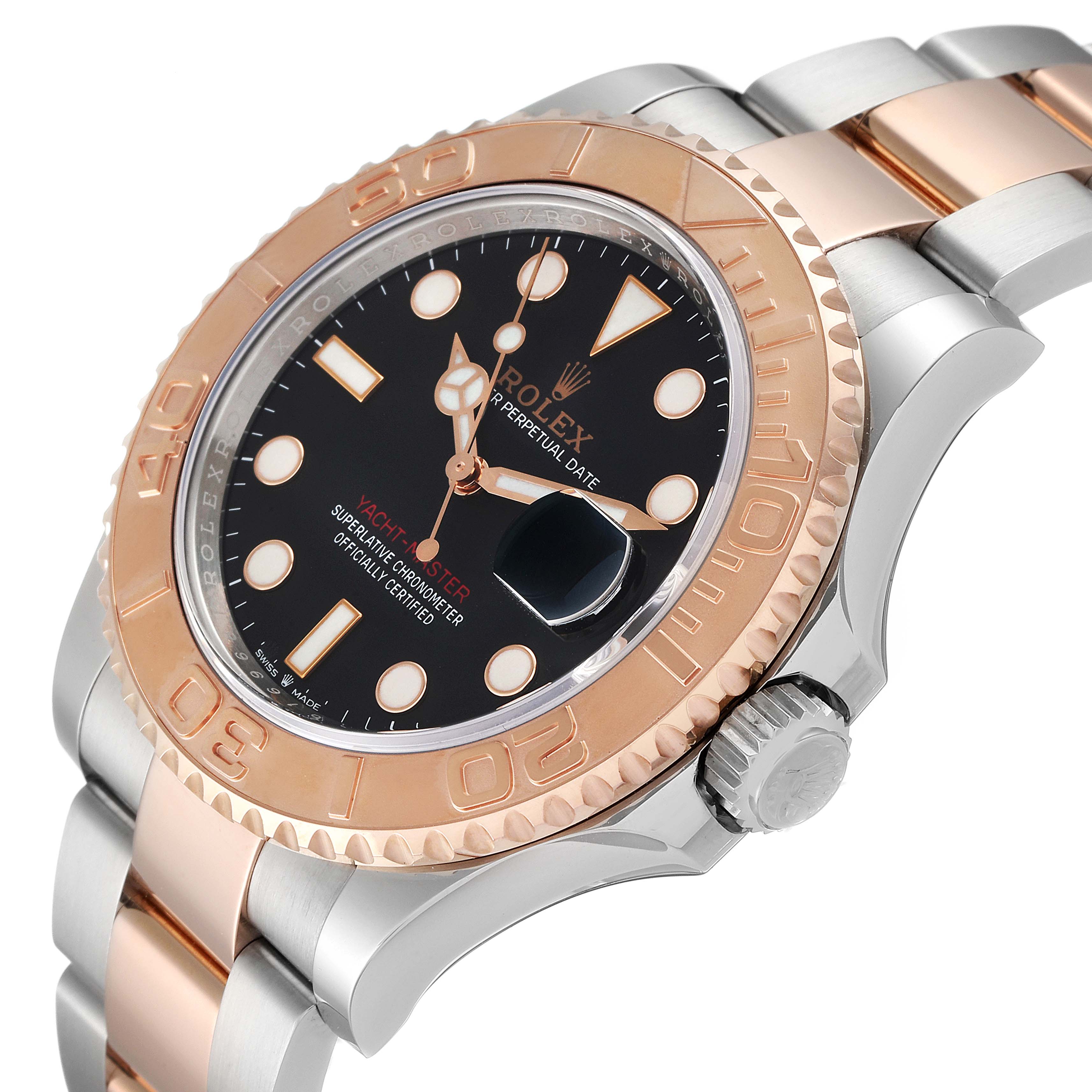 The image shows a Rolex Yacht-Master 126621 Men
s Steel and Gold (two tone) Black Dial 126621 Men
s Steel and Gold (two tone) Black Dial watch at a slight angle, highlighting the dial, bezel, and part of the bracelet.
