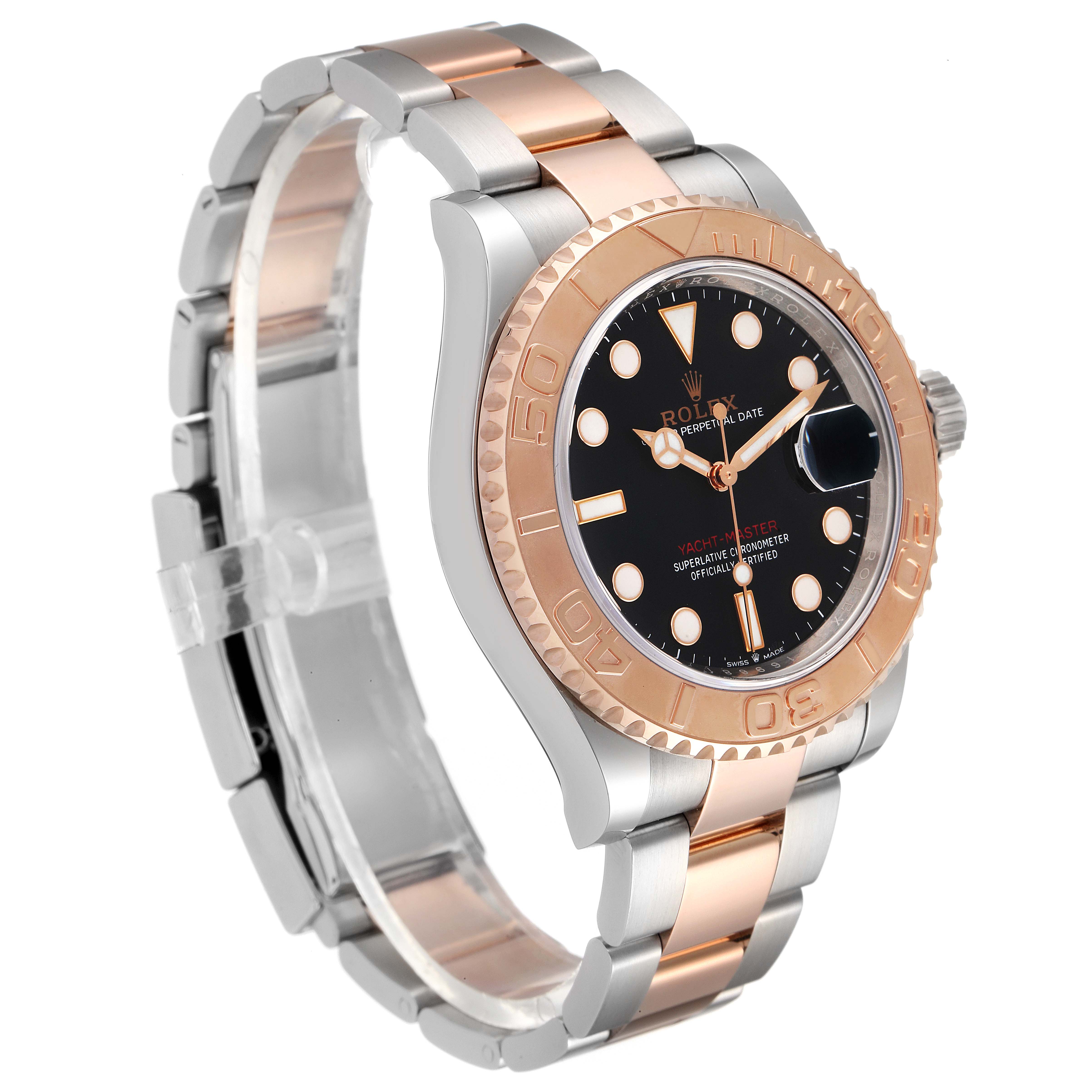 The image shows a side angle view of a Rolex Yacht-Master 126621 Men
s Steel and Gold (two tone) Black Dial 126621 Men
s Steel and Gold (two tone) Black Dial watch, highlighting the bezel, dial, and bracelet.