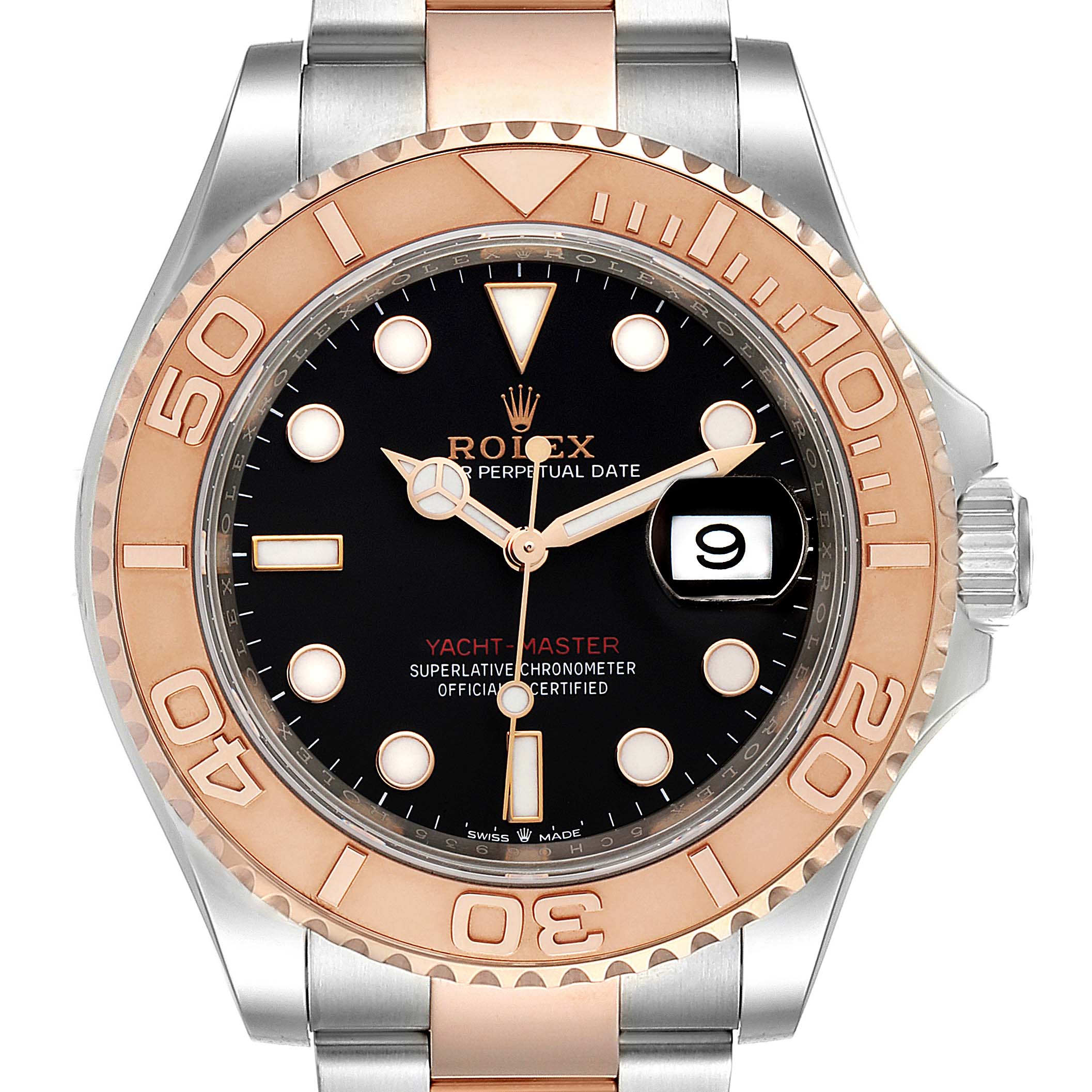 The image shows a front view of a Rolex Yacht-Master 126621 Men
s Steel and Gold (two tone) Black Dial 126621 Men
s Steel and Gold (two tone) Black Dial watch with a black dial, rose gold bezel, and stainless steel and rose gold bracelet.