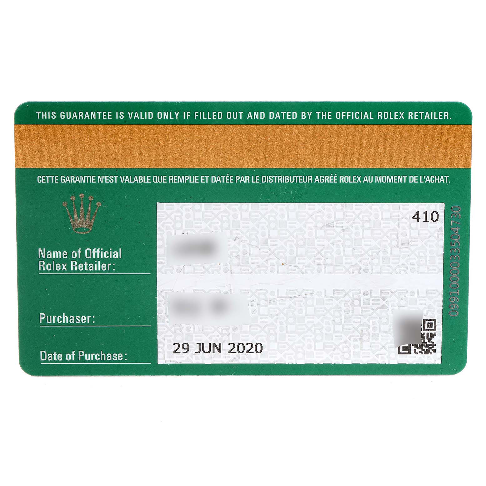 This image shows the guarantee card for the Rolex Yacht-Master 126621 Men
s Steel and Gold (two tone) Black Dial 126621 Men
s Steel and Gold (two tone) Black Dial watch.