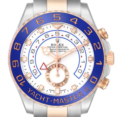 The image shows a Rolex Yacht-Master watch from a front angle, highlighting its face, bezel, and parts of the bracelet.