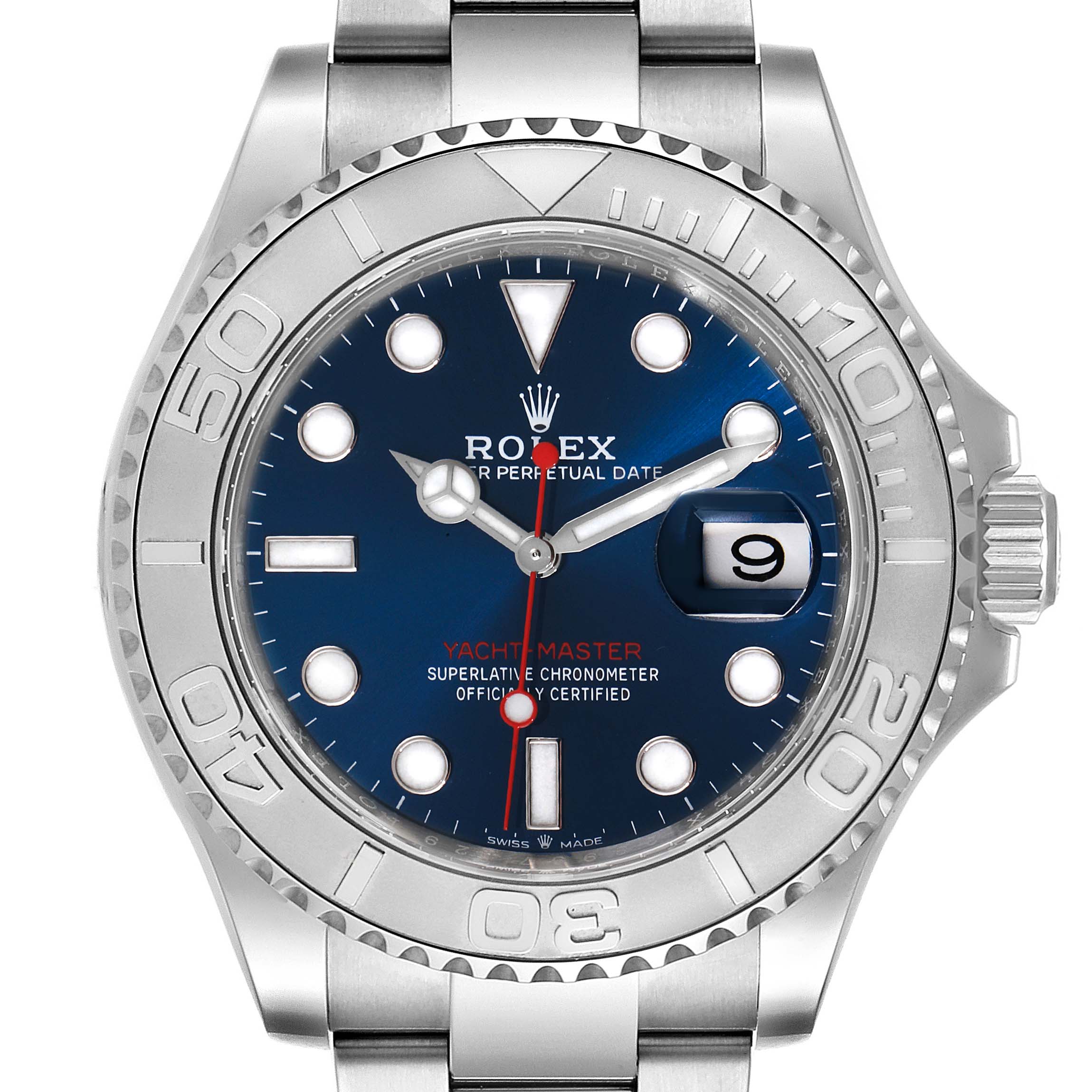 This image shows a front view of the Rolex Yacht-Master 126622 Men's Stainless Steel Blue Dial 126622 Men's Stainless Steel Blue Dial watch, highlighting its dial, bezel, and crown.