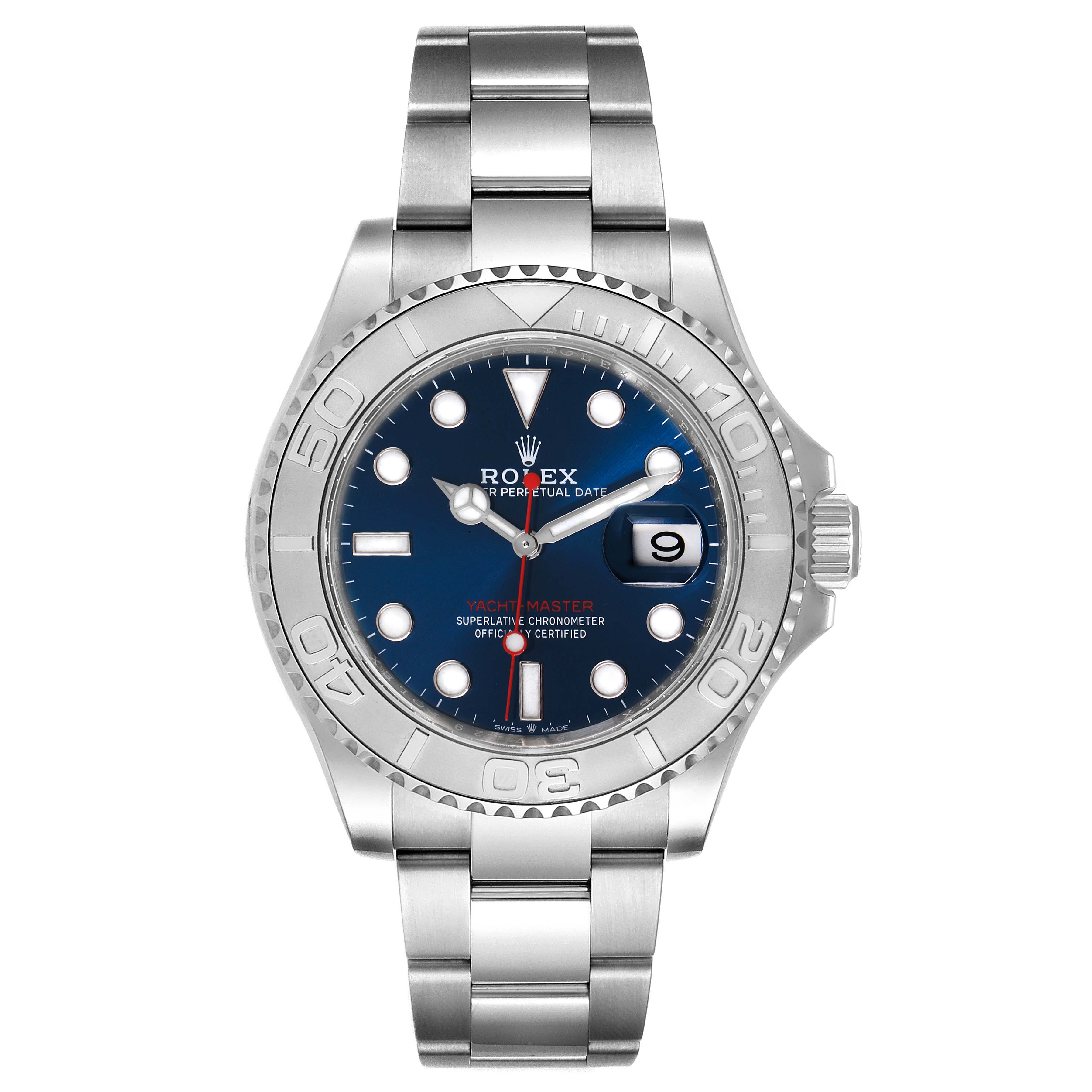 The Rolex Yacht-Master 126622 Men's Stainless Steel Blue Dial 126622 Men's Stainless Steel Blue Dial watch is shown from the front, displaying its full face, bezel, and bracelet.