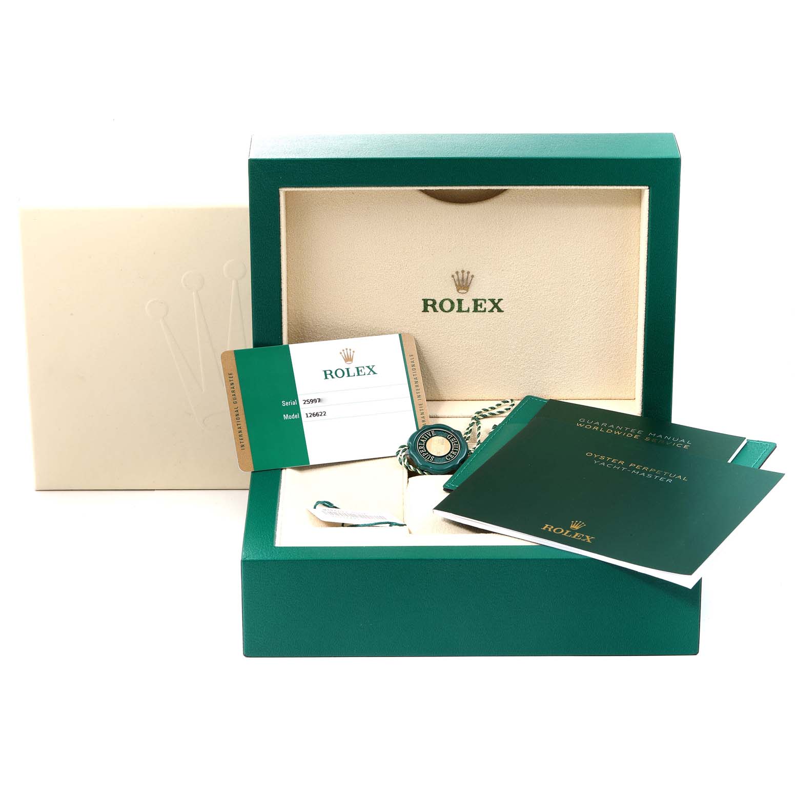 This image shows a Rolex Yacht-Master 126622 Men's Stainless Steel Blue Dial 126622 Men's Stainless Steel Blue Dial watch in its box, with an ID card and manuals displayed.