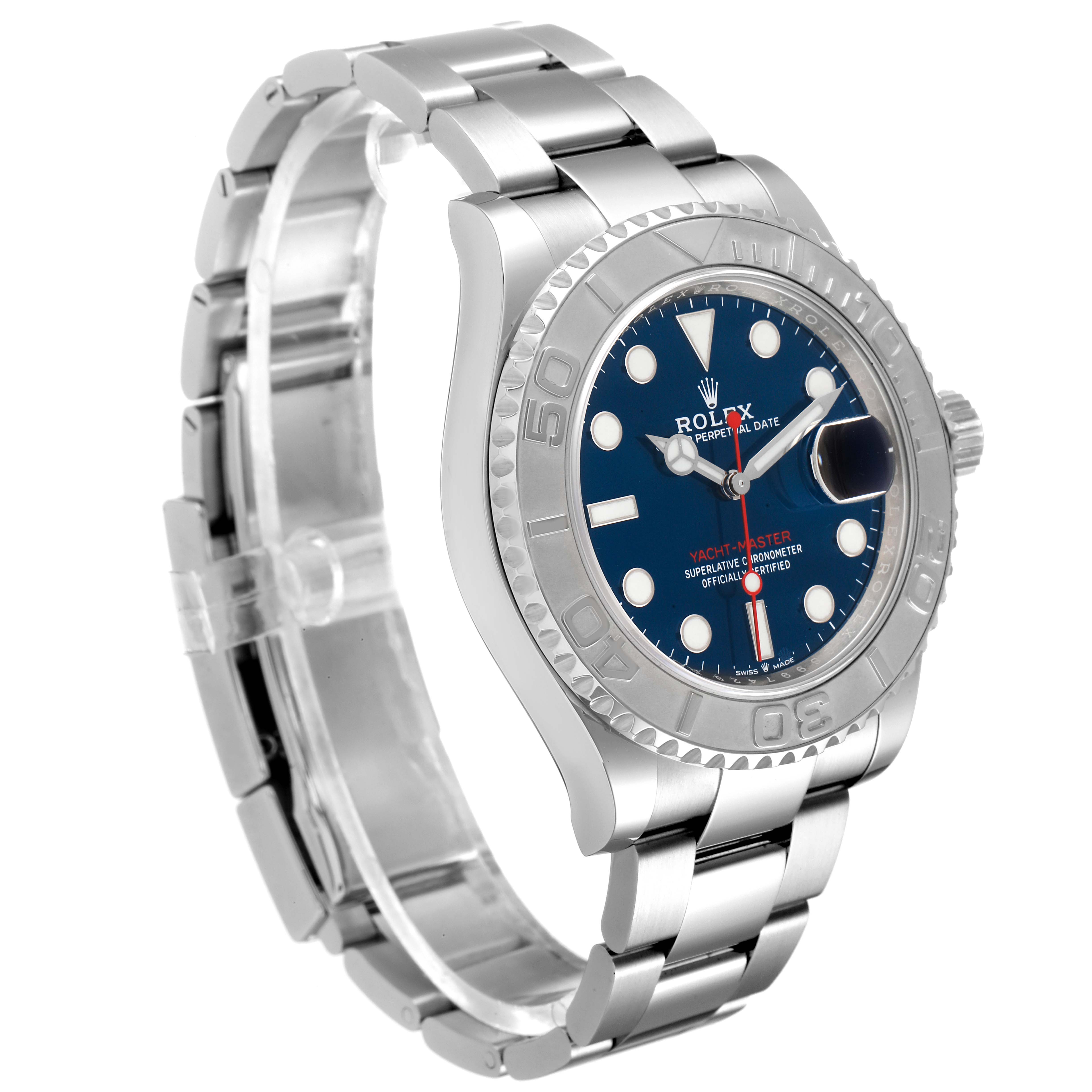 The image shows a Rolex Yacht-Master 126622 Men's Stainless Steel Blue Dial 126622 Men's Stainless Steel Blue Dial watch at a three-quarter angle displaying the face, bezel, crown, and bracelet.