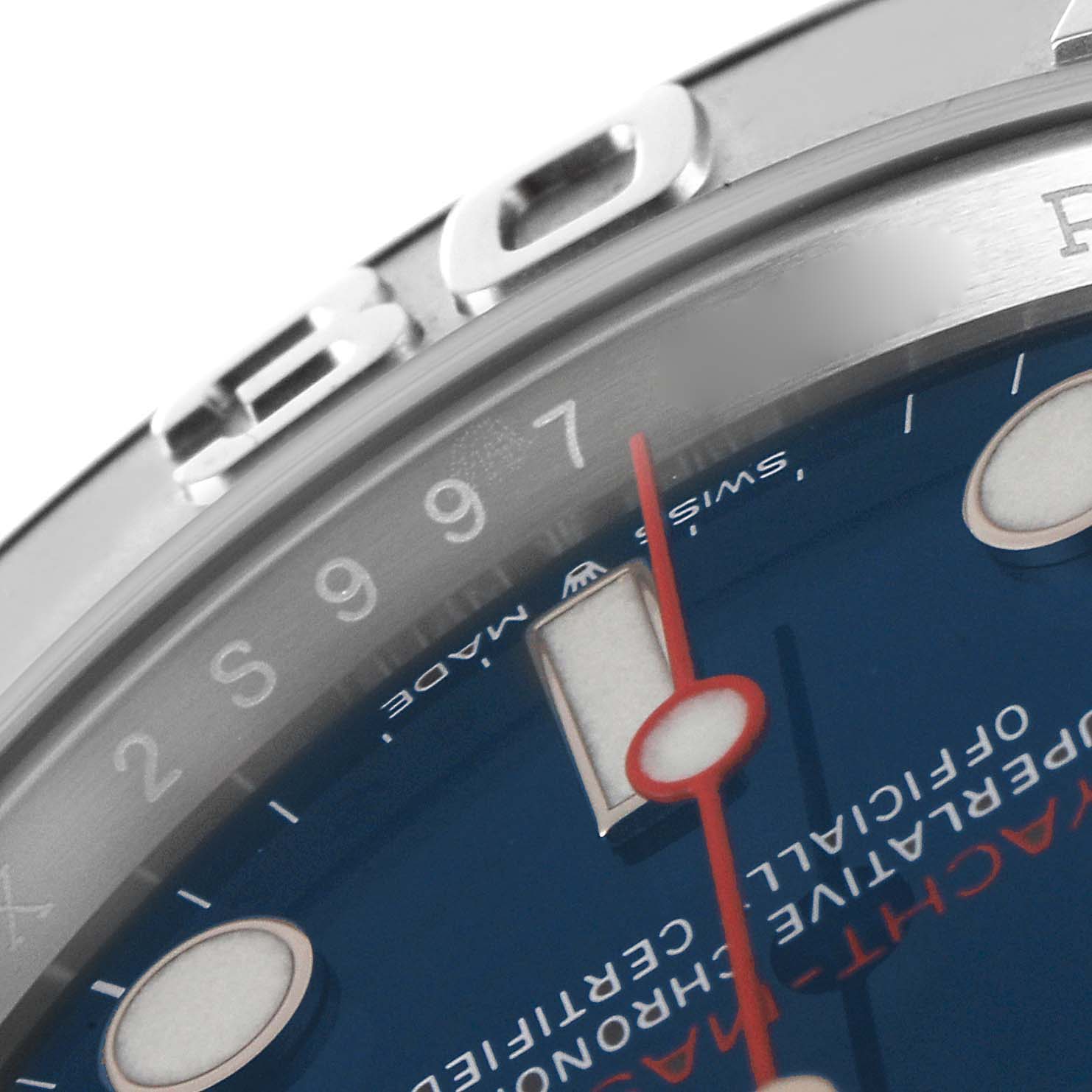 The image shows a close-up of the dial and bezel of a Rolex Yacht-Master 126622 Men's Stainless Steel Blue Dial 126622 Men's Stainless Steel Blue Dial watch, highlighting the second hand and markers.