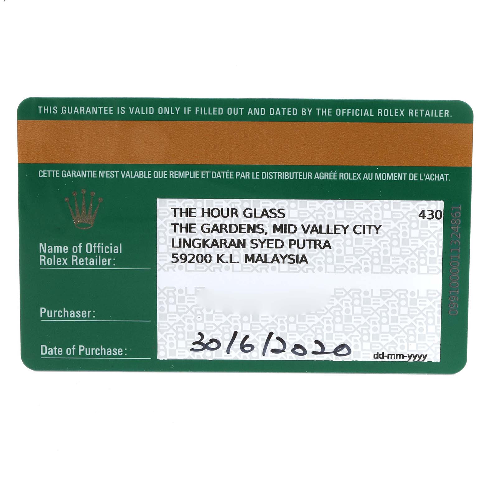 This image shows the guarantee card for the Rolex Yacht-Master 126622 Men's Stainless Steel Blue Dial 126622 Men's Stainless Steel Blue Dial model from an overhead angle.