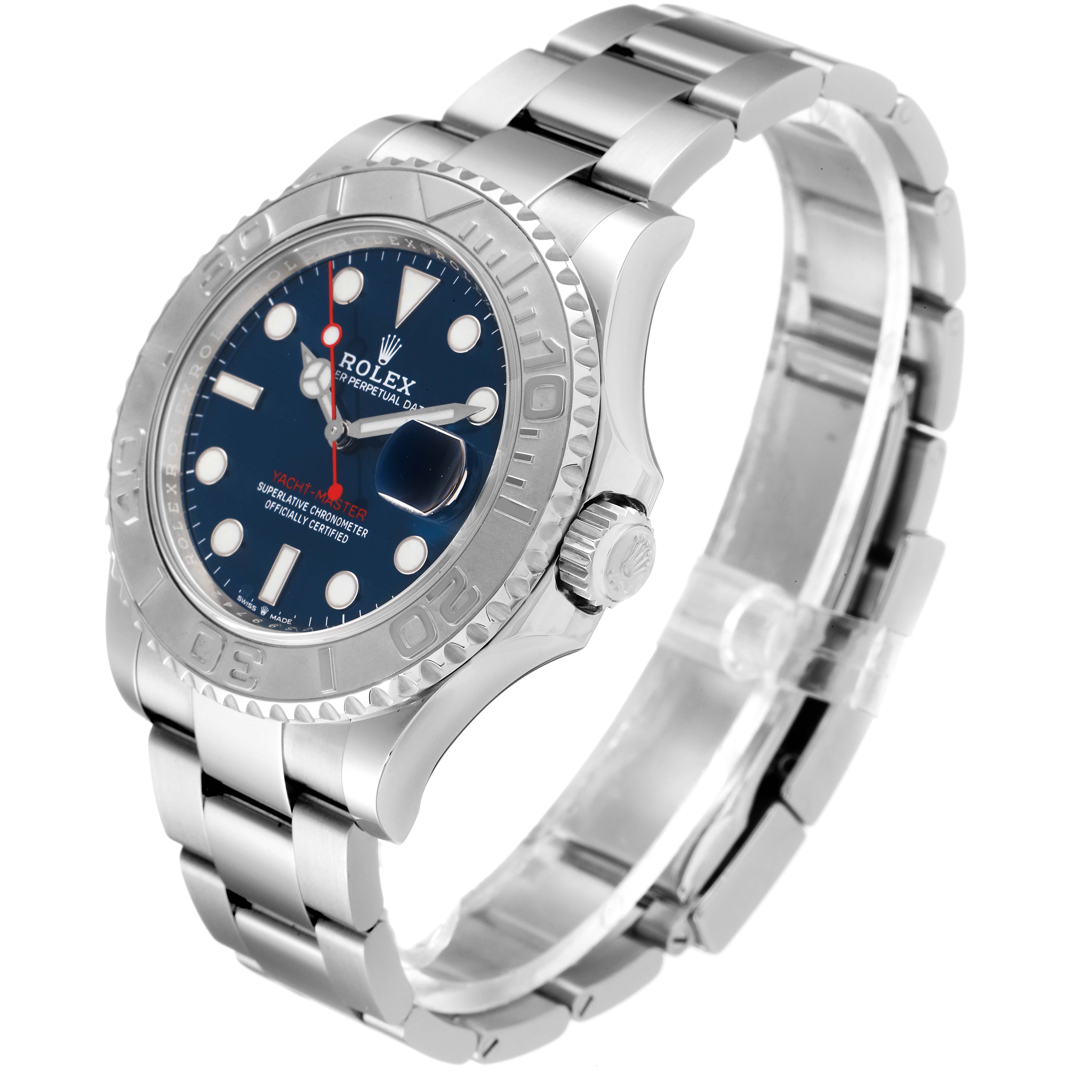 This image shows a side and front angle of a Rolex Yacht-Master 126622 Men's Stainless Steel Blue Dial 126622 Men's Stainless Steel Blue Dial watch, highlighting its bezel, dial, and bracelet.